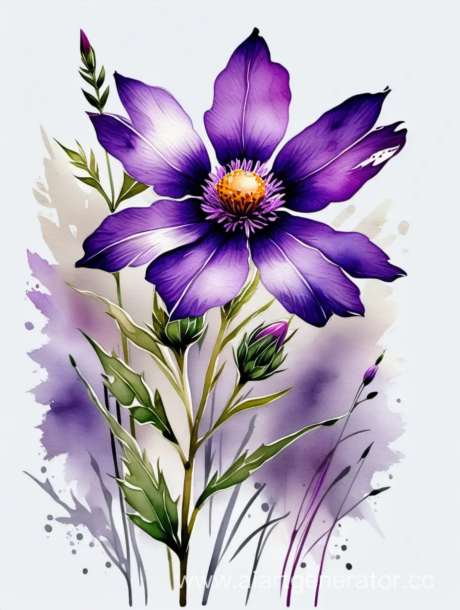 Vibrant-Realistic-Watercolor-of-a-Big-Purple-Wildflower-on-White-Rough-Texture