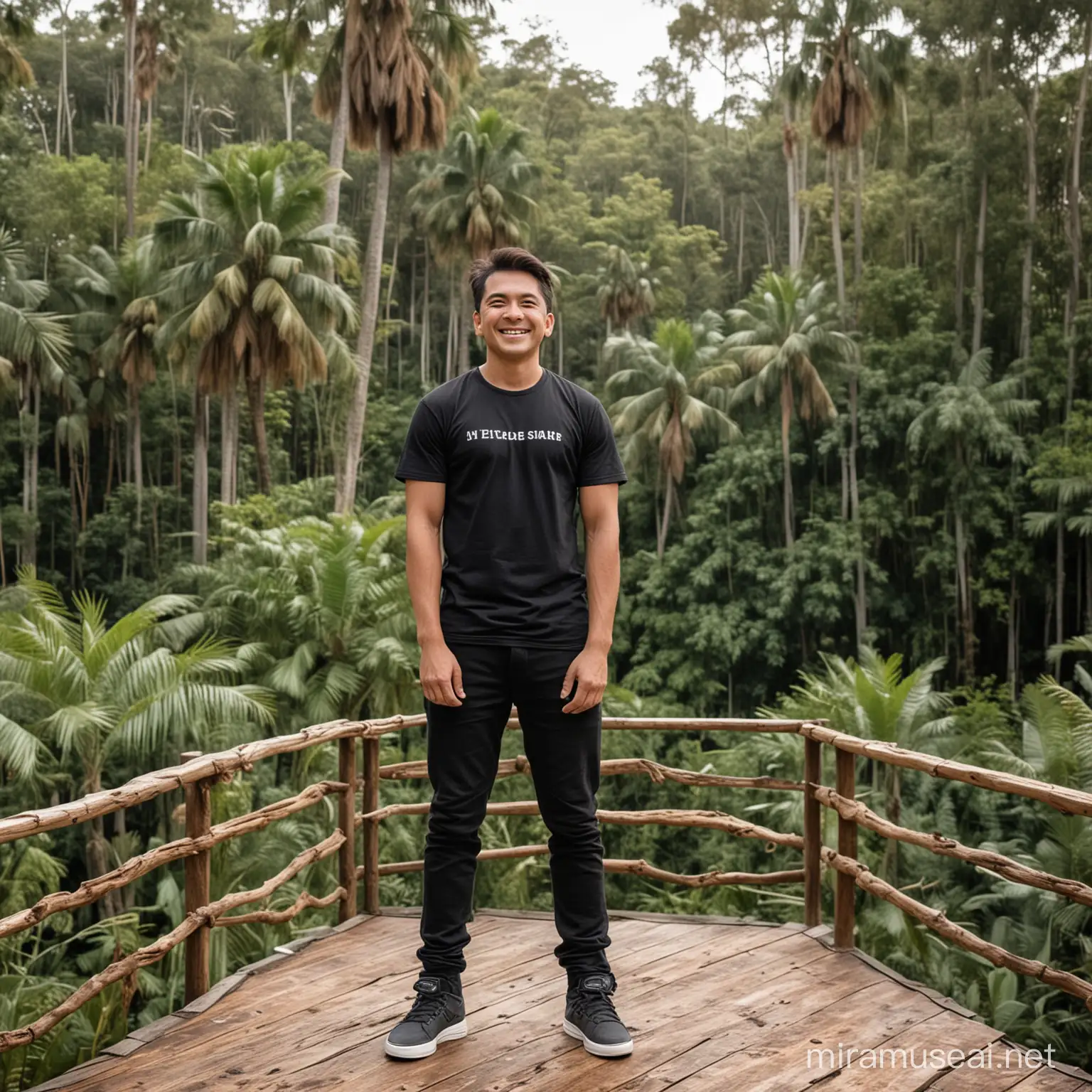 a man standing on top of a wooden deck, happy kid, man in black, wearing black tshirt, jungle as the background, richard sigamani, full shot ( fs ), spaceship far on the background, daniel, in front of white back drop, pine trees in the background, eng kilian, lower quality, the jungle at the background, genuine smile