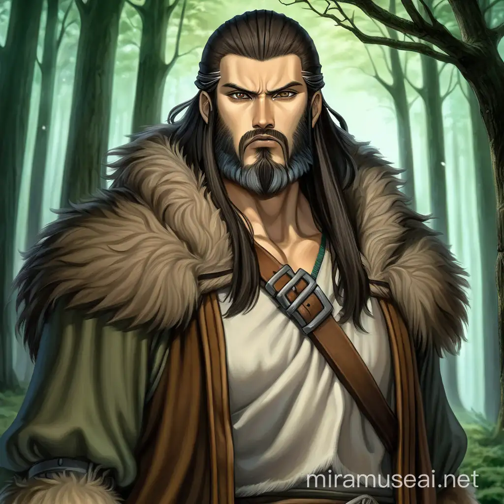 , younger man, stern expression, thick, dark beard, dark hair, dark forest background, vinland saga style, wolf pelt headwear, scar on face