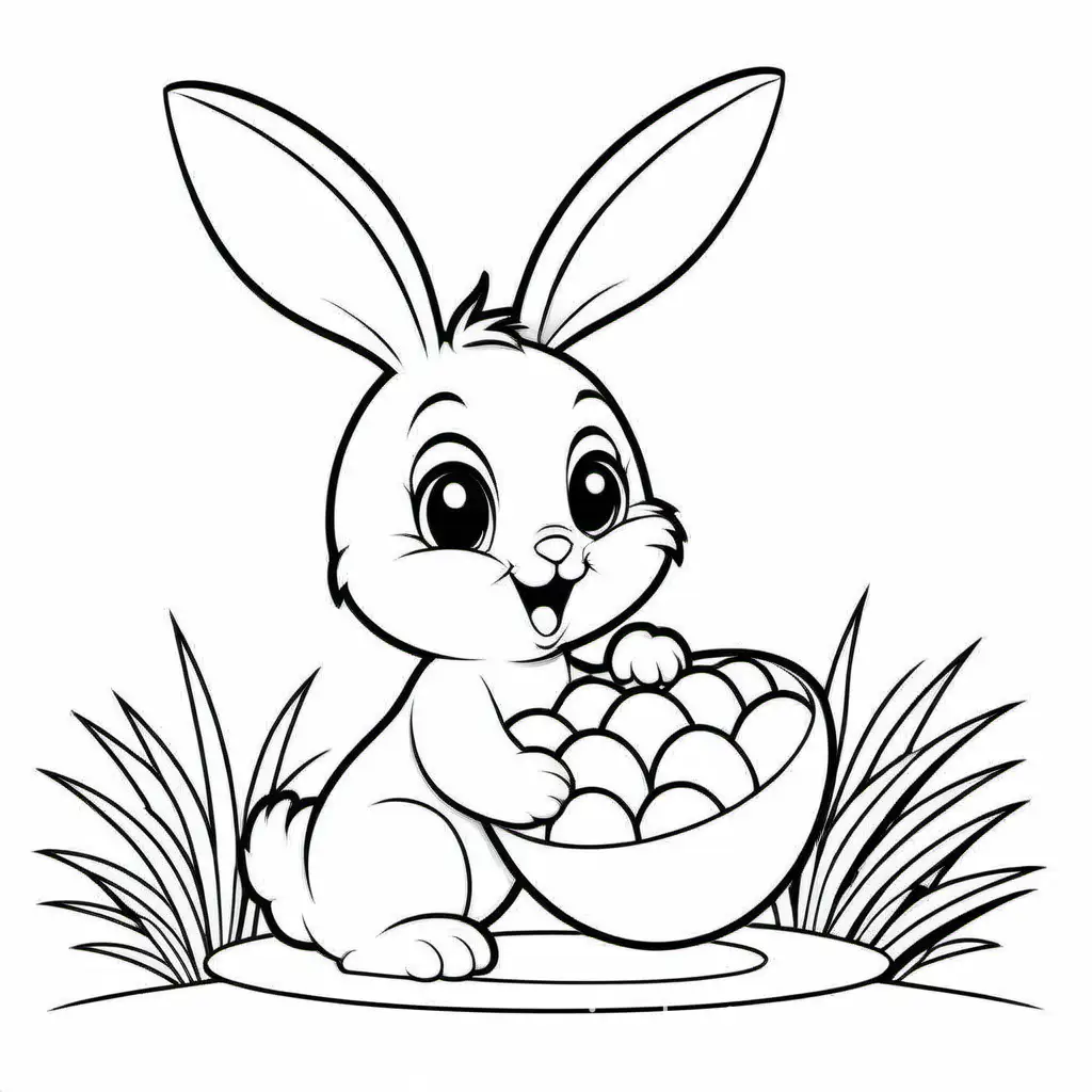 Bunny eat egg
for kid, Coloring Page, black and white, line art, white background, Simplicity, Ample White Space. The background of the coloring page is plain white to make it easy for young children to color within the lines. The outlines of all the subjects are easy to distinguish, making it simple for kids to color without too much difficulty