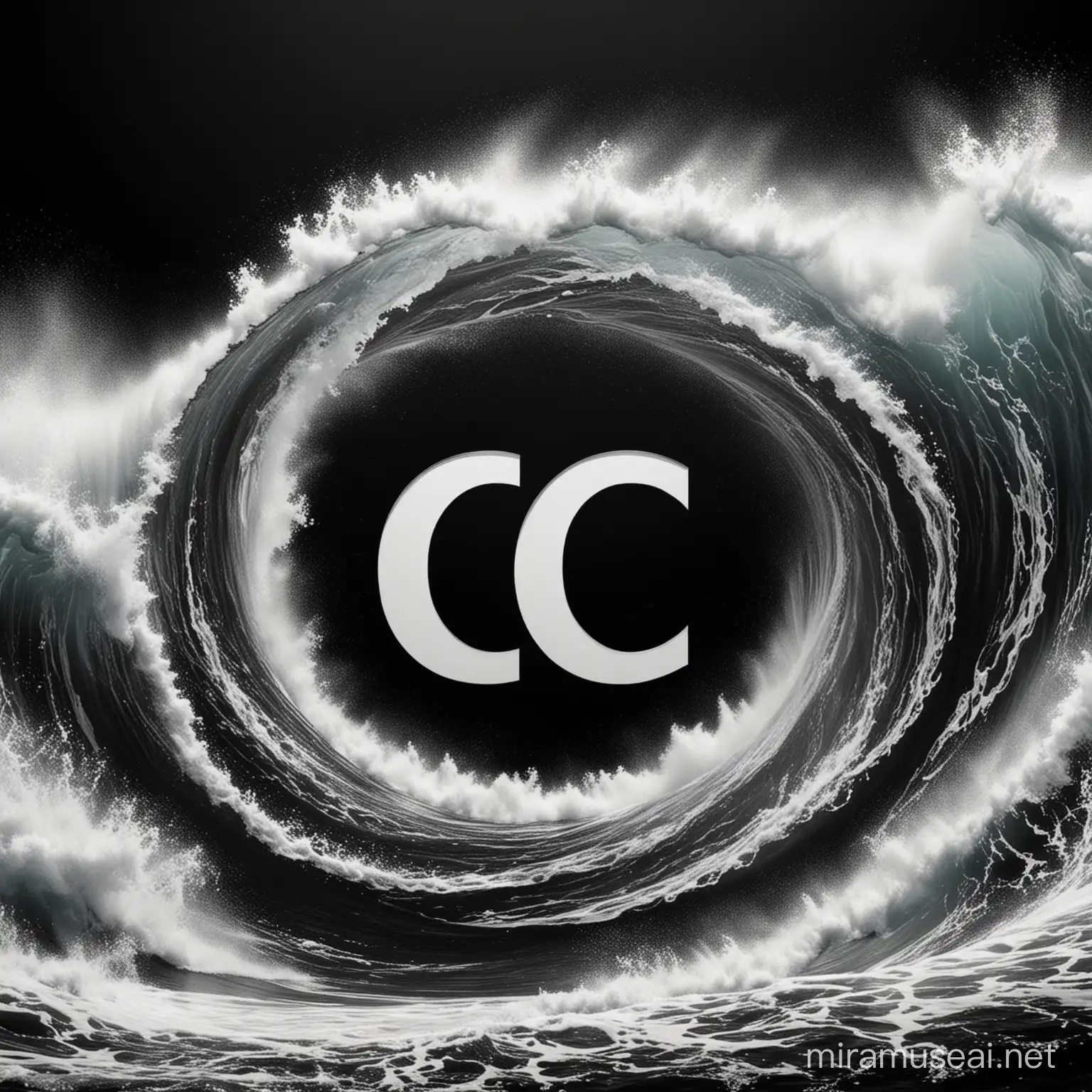 make a logo about a black background and a white text with two times the letter c and make it be surrounded by white waves