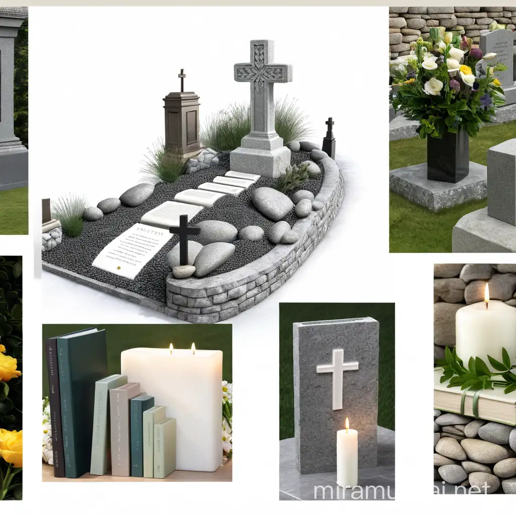 Stone Funeral Monument with Cross Books Candle and Flowers