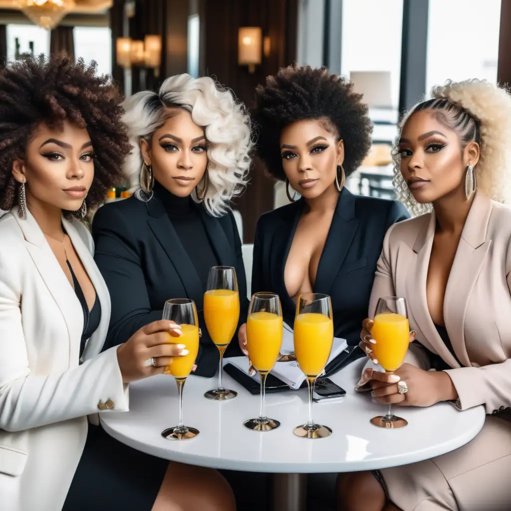 An four realistic beautiful
Black women wearing beautiful platinum blonde colored natural hairstyles,  boss babes, glam, having a business meeting luncheon at a luxury restuarant drinking mimosas, wearing luxury winter clothes