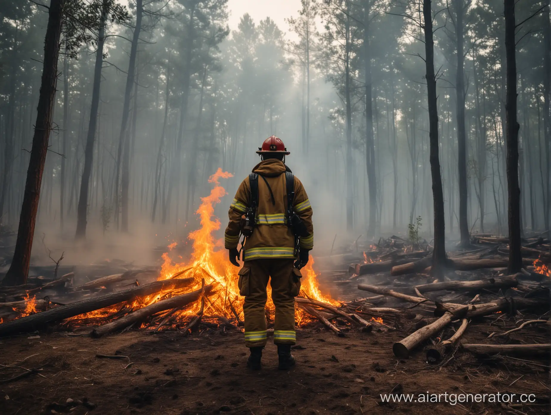 Пожар в лесу, пожарный стоит по центры, не крупный план
