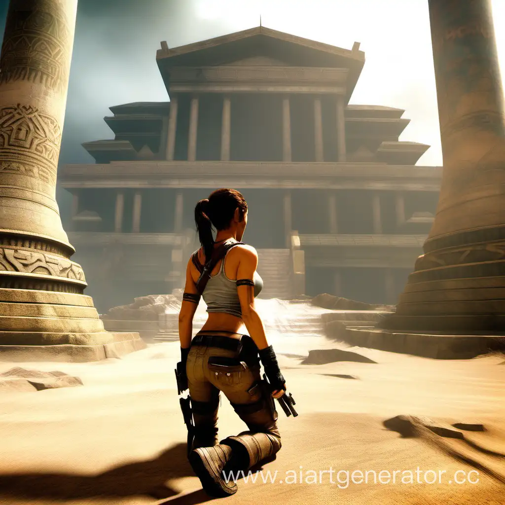 Explorer-Lara-Croft-on-All-Fours-Gazes-towards-Distant-Temple