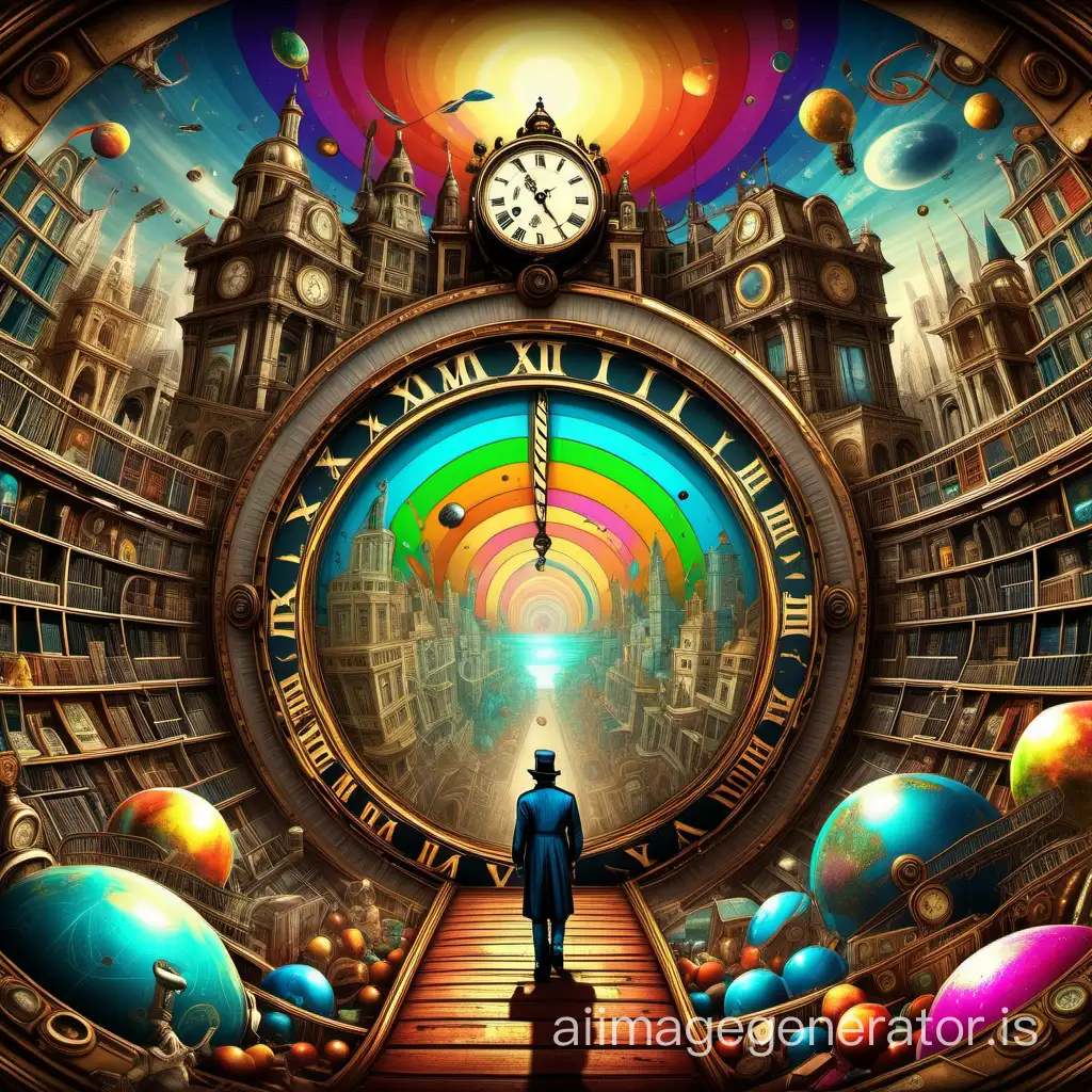 The time traveler got lost in various historical epochs, in the style of the Imaginarium game, a crazy picture, juicy colors, high detail, a drawing of high clarity, high resolution, HD, 16k, well-drawn