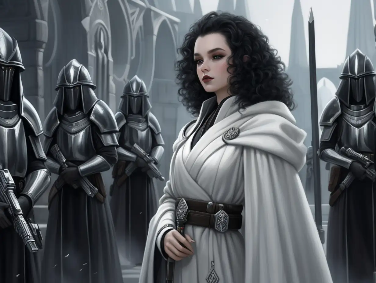 Dreaming city, beautiful, royal attire black curly hair, pale skin, grey eyes, dreaming city, white and grey, jedi robes, female, black make up, black mascara and lipstick, 6 royal guards protecting her, proper look on her face, robes, wideshot, standing around her is the elite guard