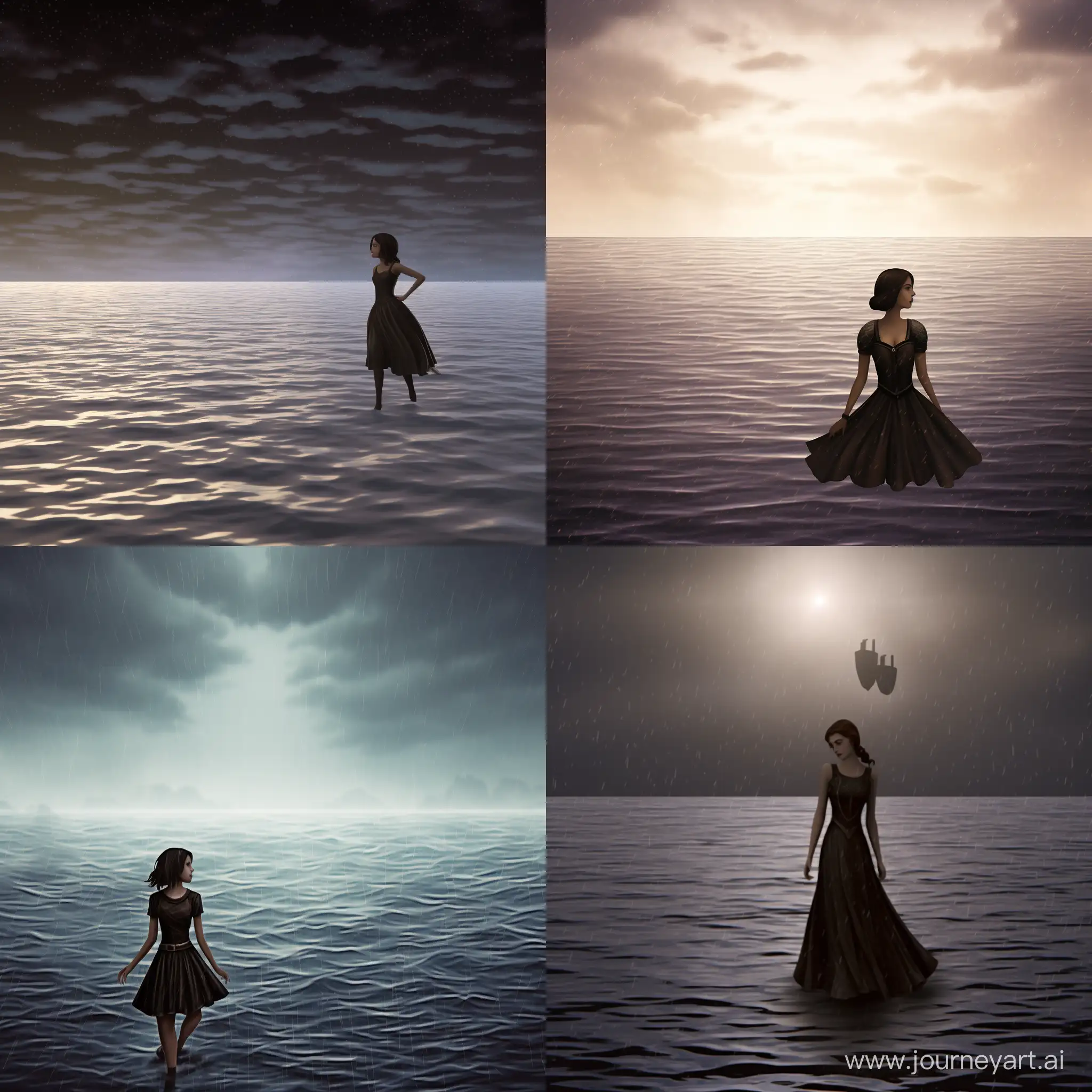 Melancholic-Ocean-Swim-European-Woman-in-Antique-Dress-Amid-Ancient-Ships