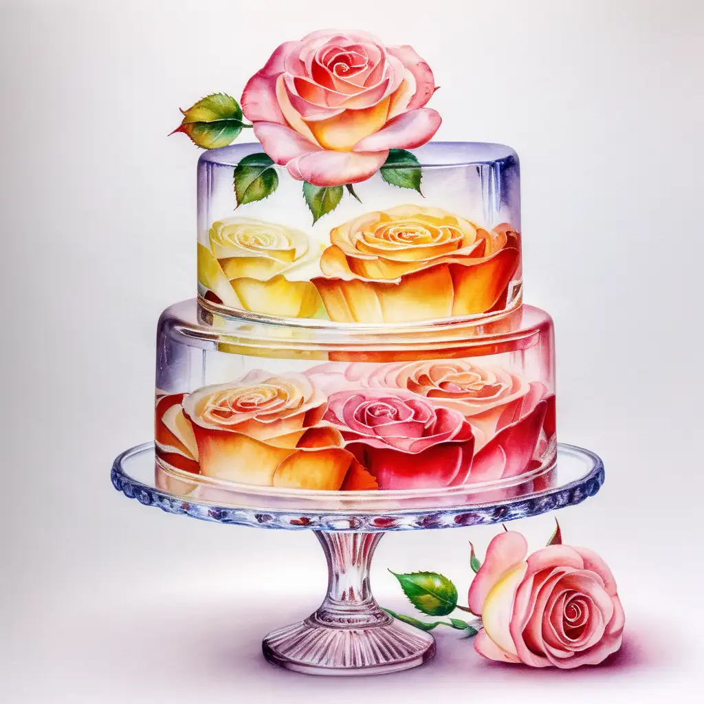 Watercolor Painting of a Glass Cake Adorned with Roses