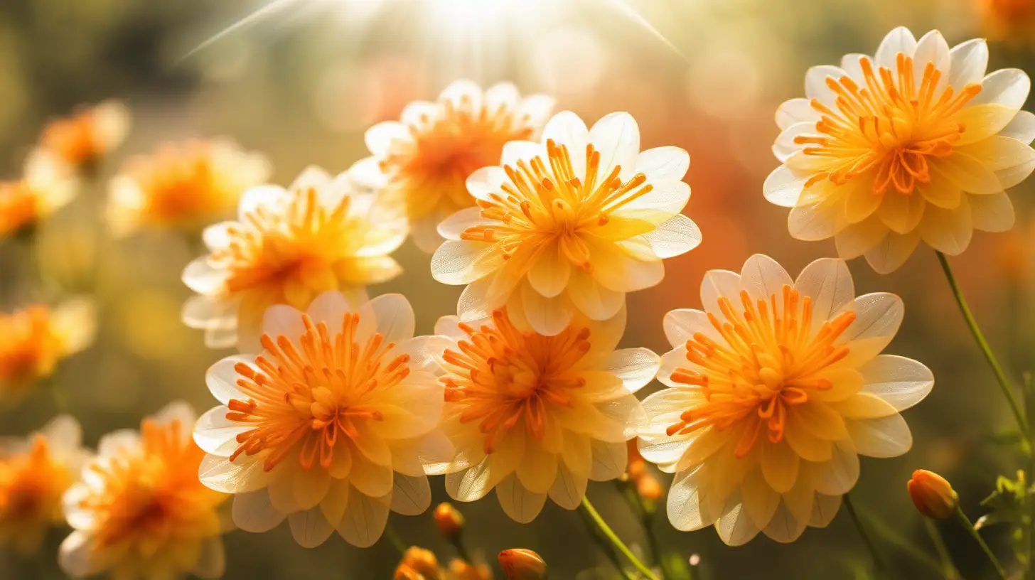  lots of delicate yellow and orange flowers with translucent petals, sunny background
