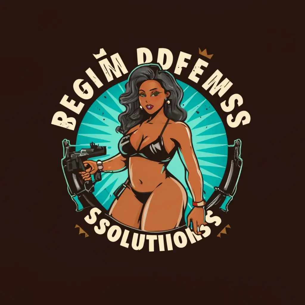 LOGO-Design-for-Reign-Defense-Solutions-Bold-Female-Warrior-in-Combat-Bikini-with-Firearm-Reflecting-Strength-and-Security-in-Retail-Defense