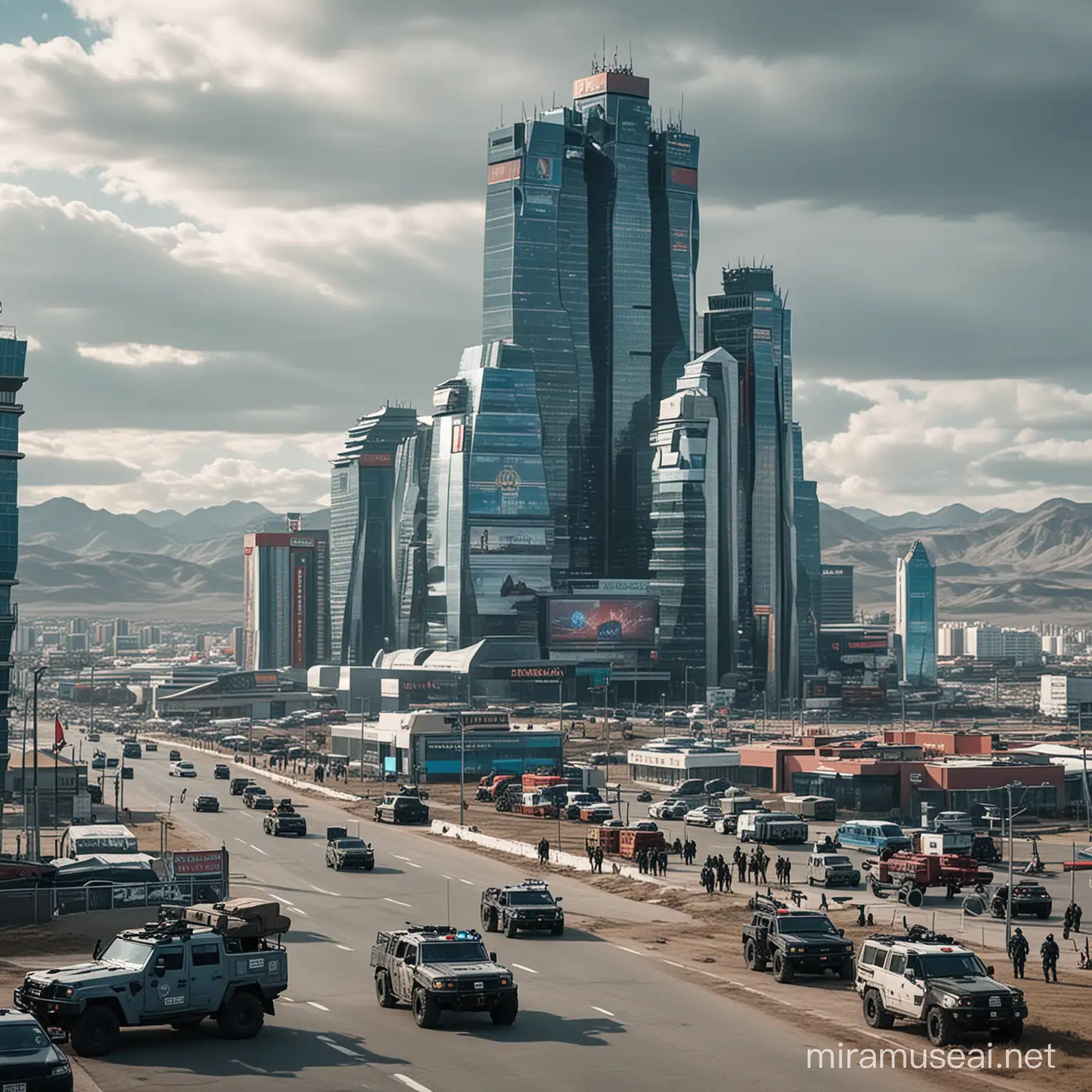 Giant high tech Cybersecurity mansion skyscraper buildings, Totalitarian, Disinformation Billboards, Lots of industrial cameras and armed men patrolling, Armored vehicles, Helicopters, Planes, Boats, City patrolled with heavy military, Located in a fictional futuristic Ulaanbaatar Mongolia Dystopia or Utopia