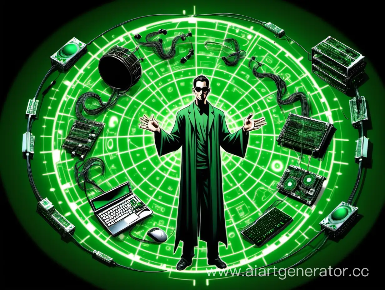 Многорукий бог у него в руках бубен клавиатура, видеокарта, мышь, провода интернета. В кругу из потока зеленой информации как в матрице. 