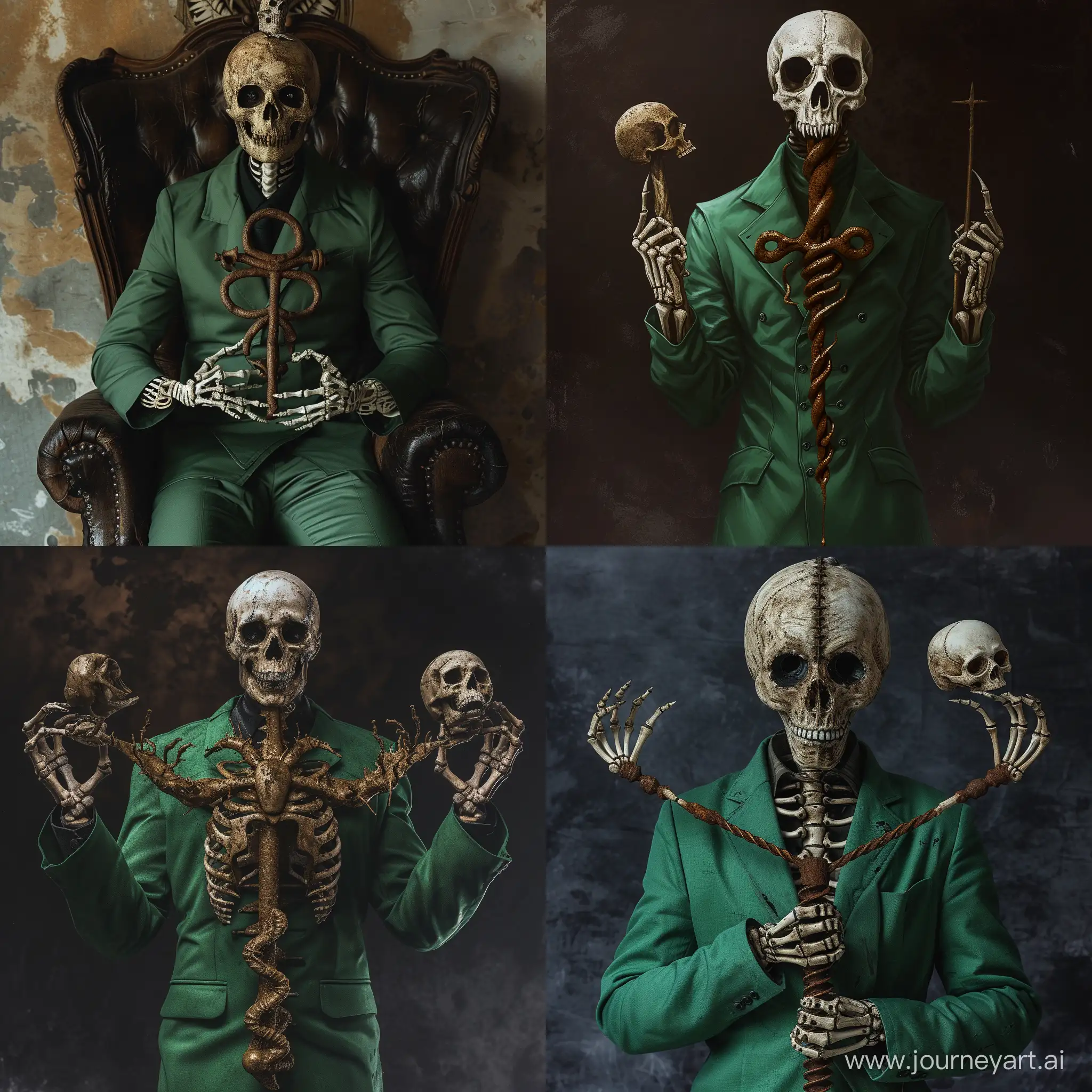 Horseman of Apocalypse Plague, wear a green suite, and helding in skeleton like hands rusty Caduceus with a skull on top
