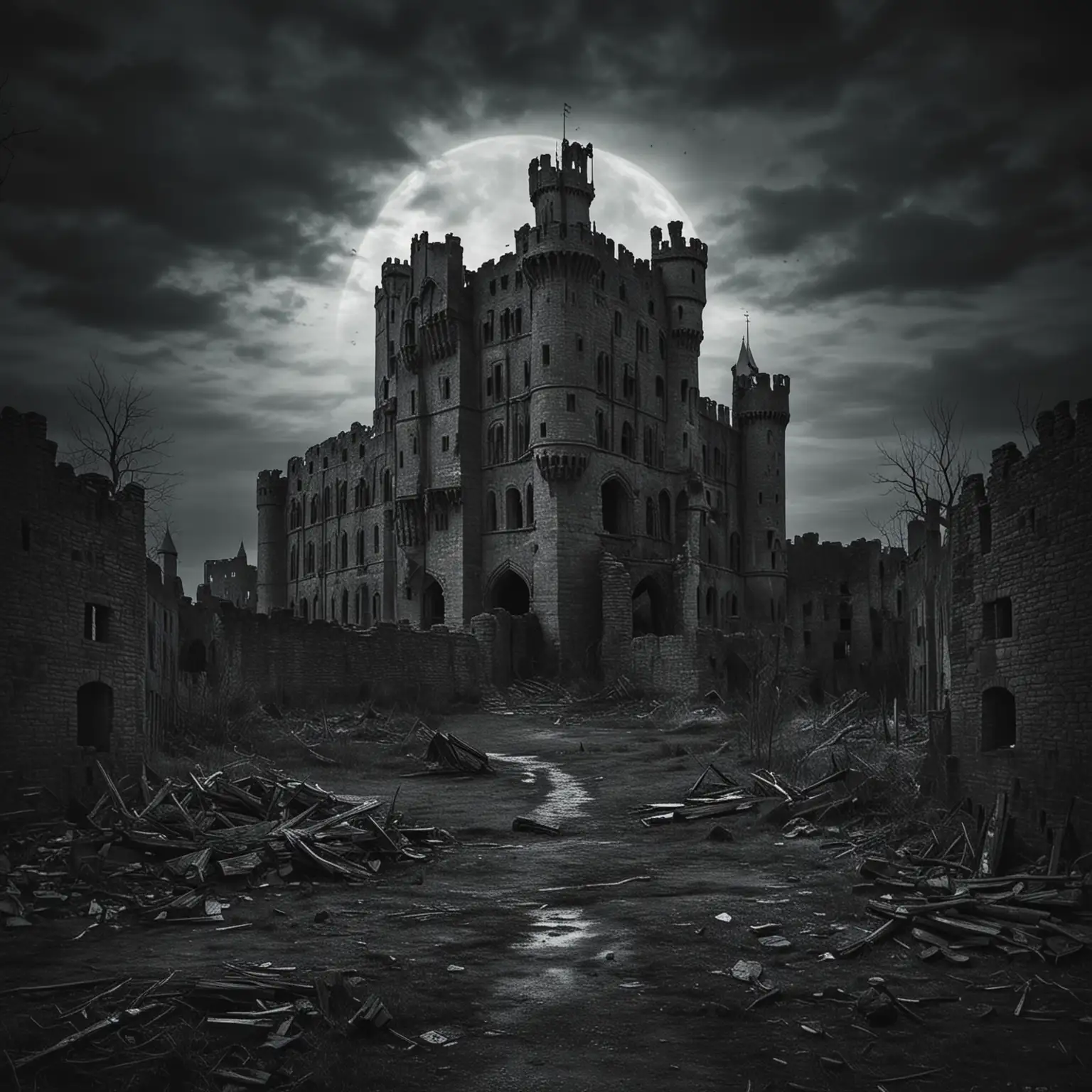 "Пустой замок" может представлять из себя мрачное и загадочное изображение древнего замка. На темном фоне виден контур замковой стены, и в ее центре — сам замок, погруженный во мрак. Замок может быть изображен в состоянии заброшенности и разрушенности, с обветшалыми башнями и обломками стен, что создает атмосферу таинственности и утраты былого величия