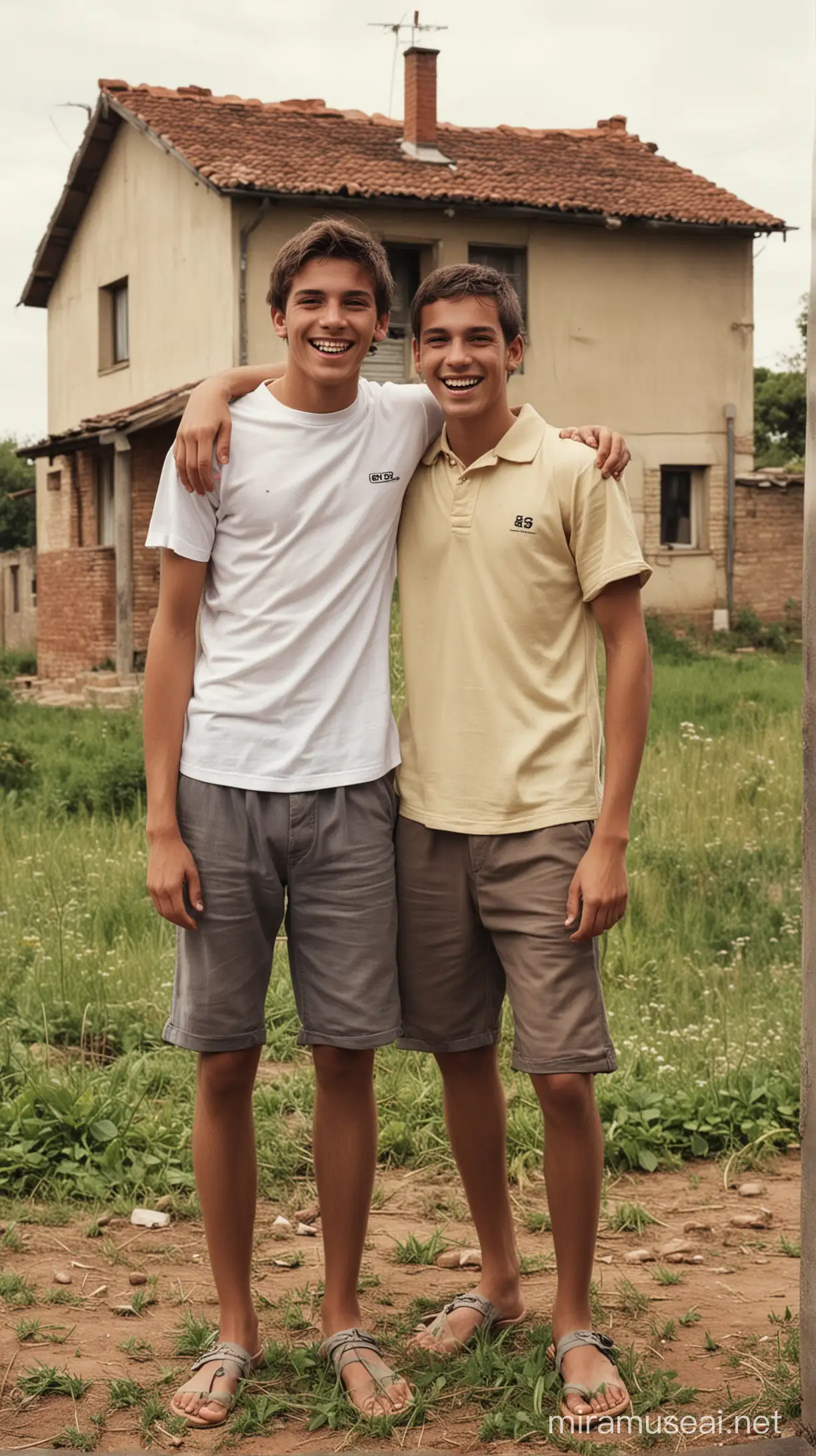 Two joyous brothers aged 20 with a home in the background