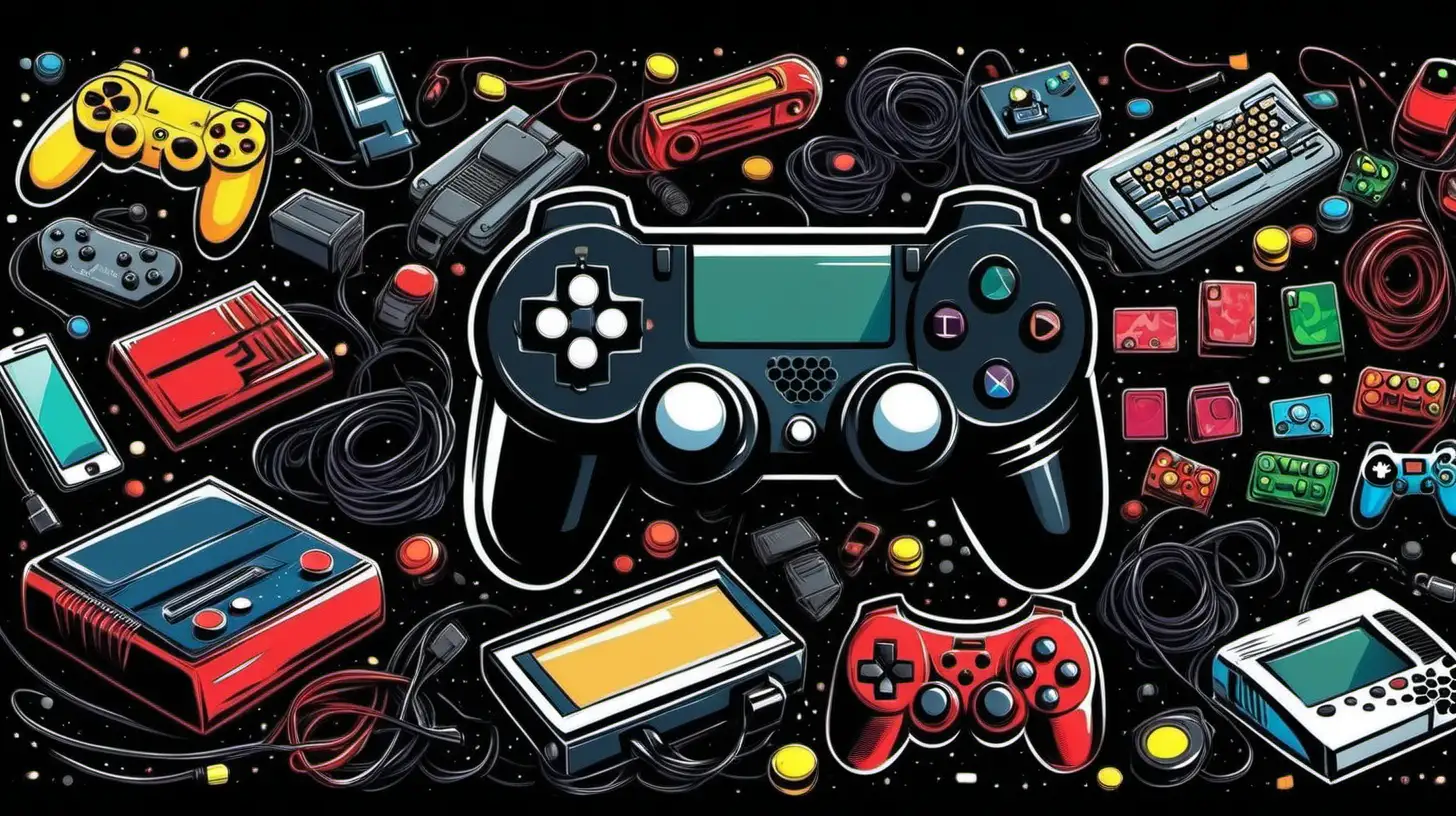 Cool Gaming Equipment in Dynamic Comics Style on Black Background