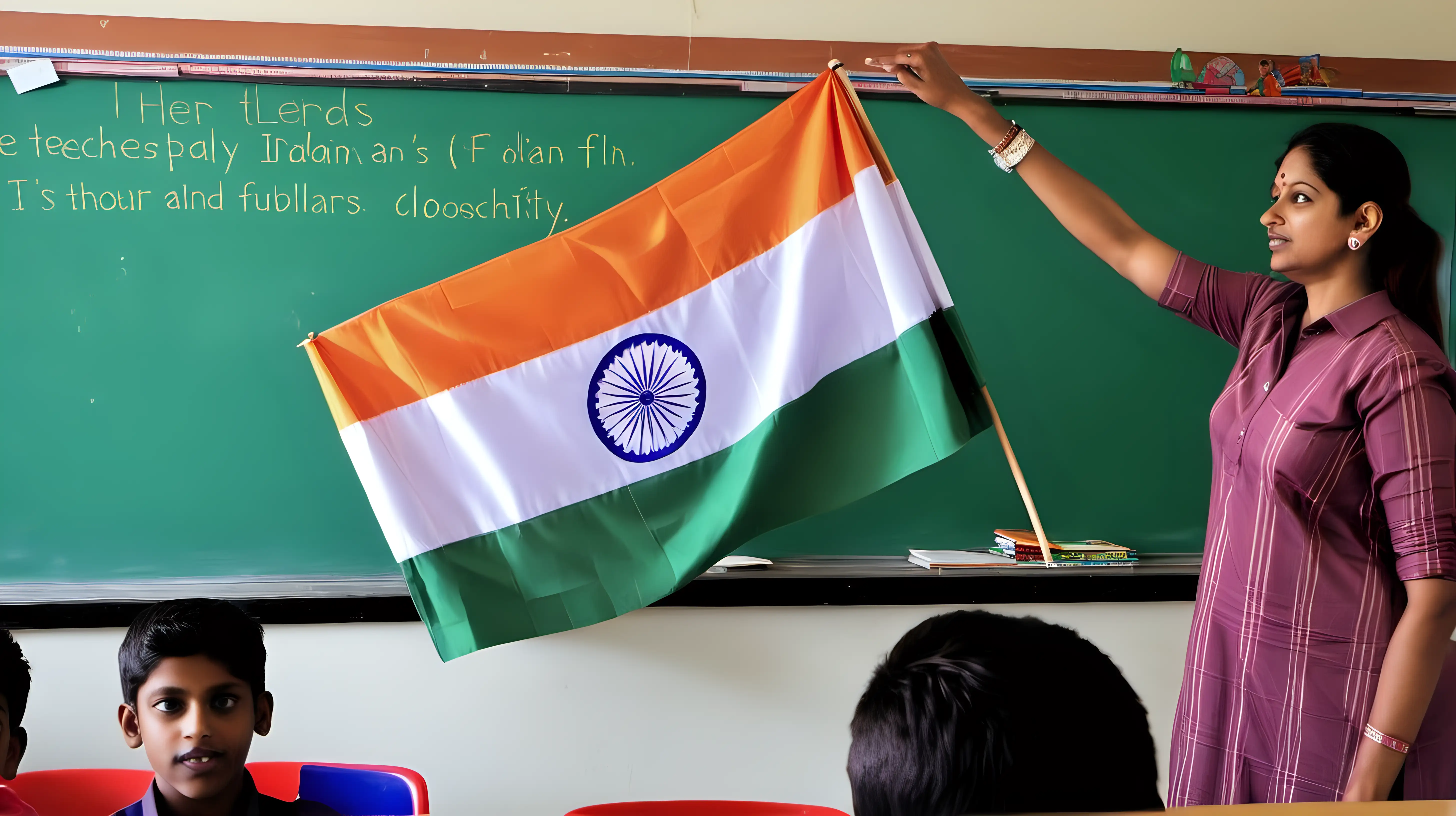 A teacher displaying the Indian flag in their classroom, using it as a tool to teach students about the country's history, diversity, and democratic values.