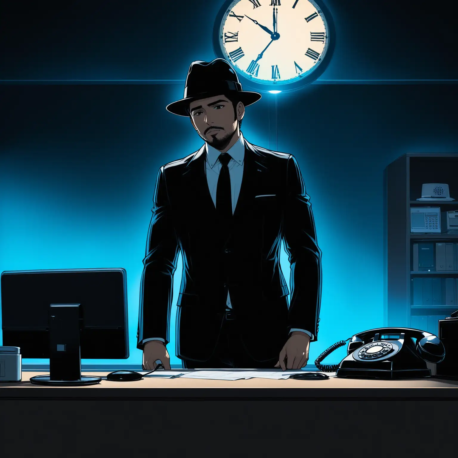Confident Latino Businessman in Dark Office with Blue Lighting