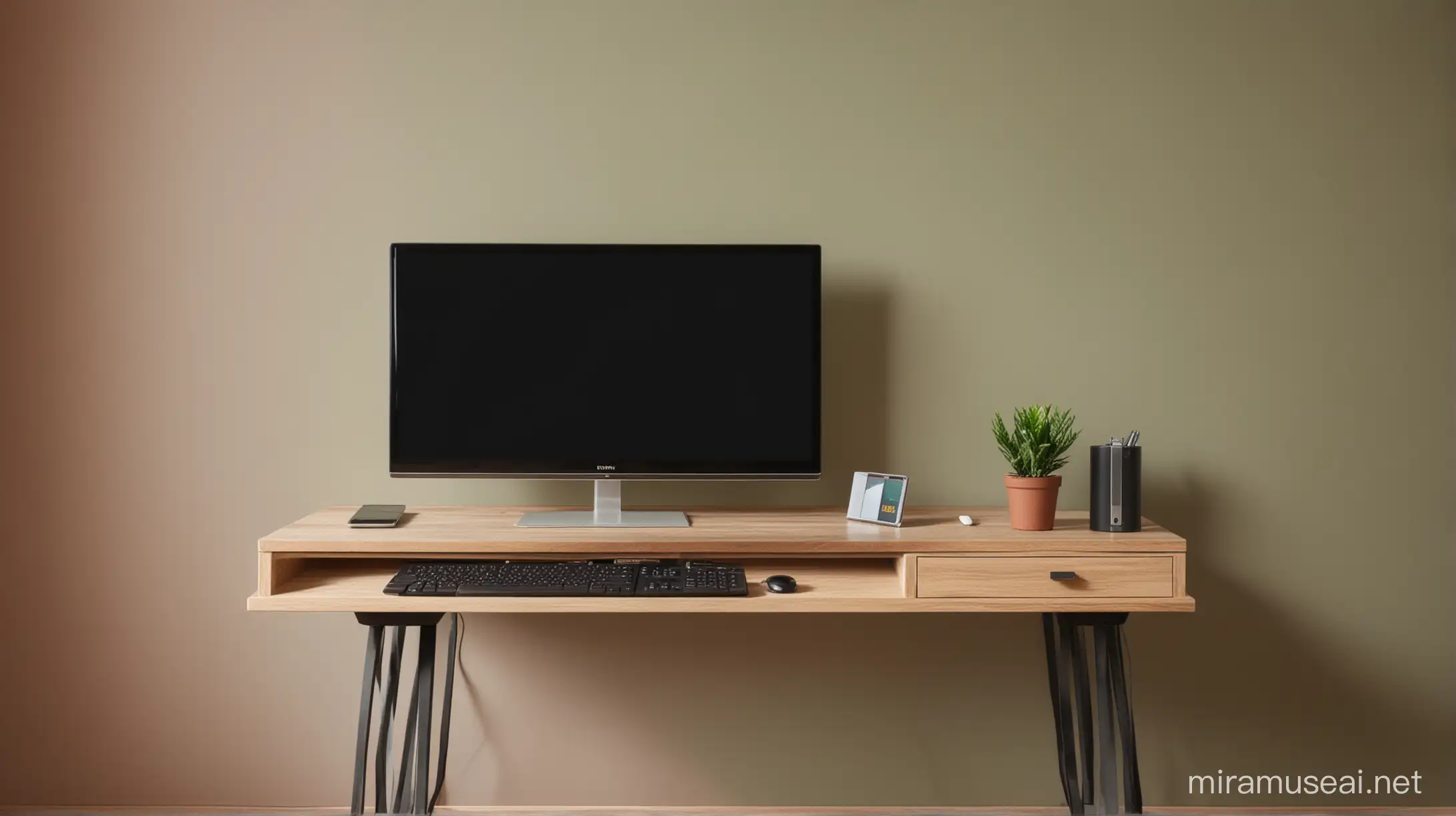 un bureau avec une télé et une tablette devant un mur de couleur unis