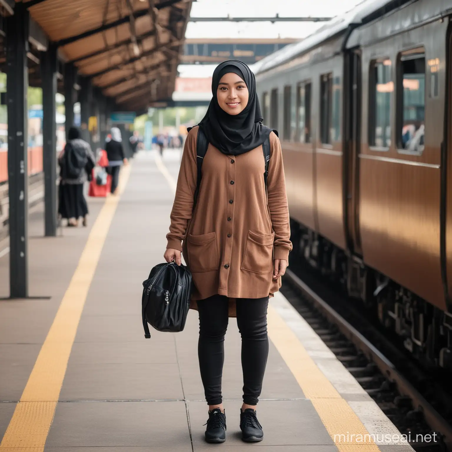 An Indonesian woman wearing a black hijab, wearing a brown cardigan, and wearing black leggings and a small black backpack. Standing at the train station