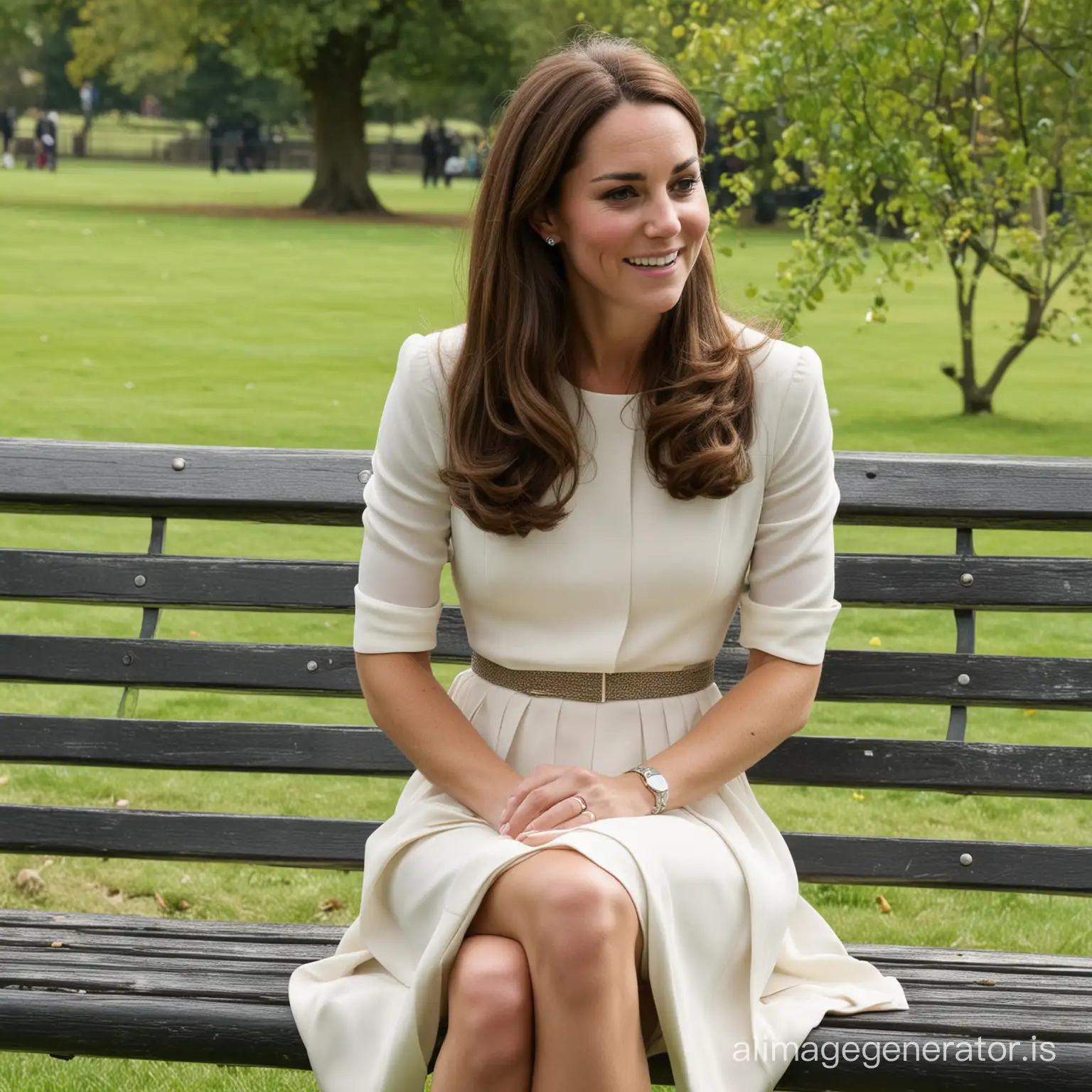 Kate middleton sitting on a bench in a park talking to a video camera
