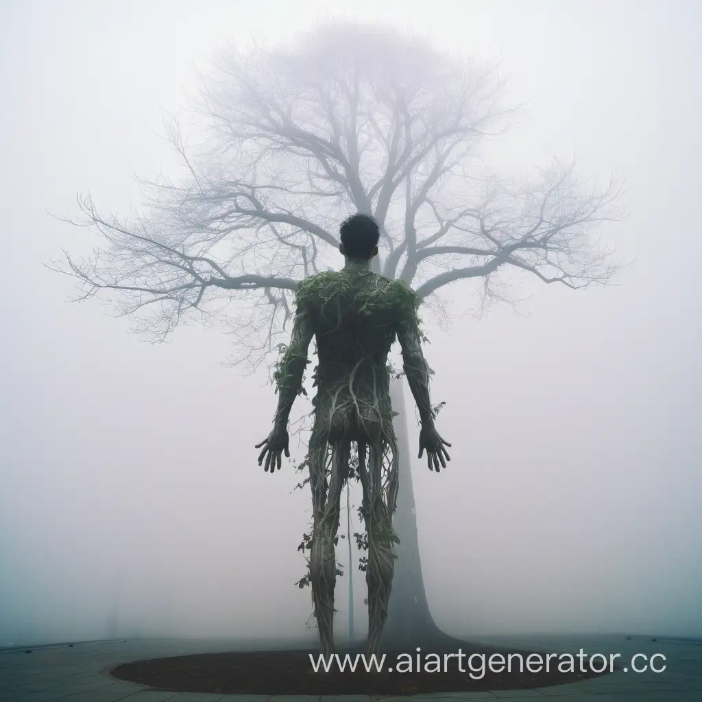 мужчина из тела которого растут деревья высотой до неба в тумане города