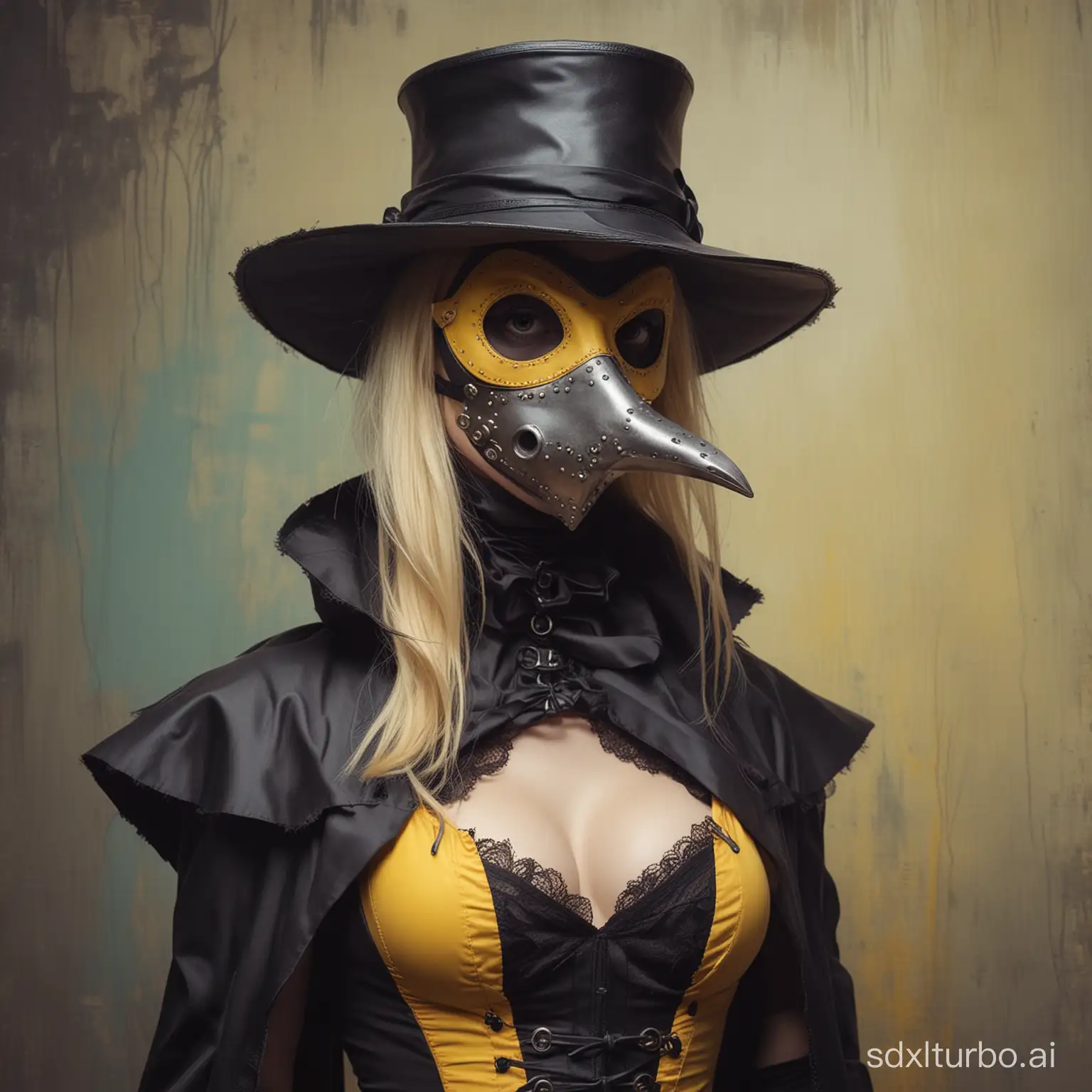 Sexy blonde plague doctor, Yellow Pop style, elegant, vsco, by Sam Toft, by Tim Burton, by Elsa Bleda, by Ross Tran