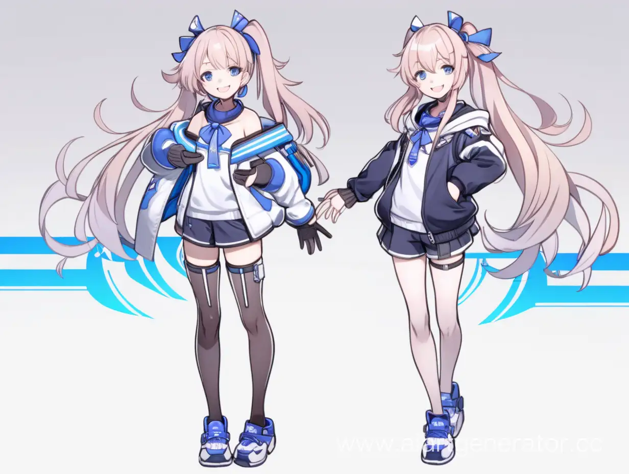 Рисунок девушки в полный рост персонажа из игры Honkai impact. Девушка улыбается.