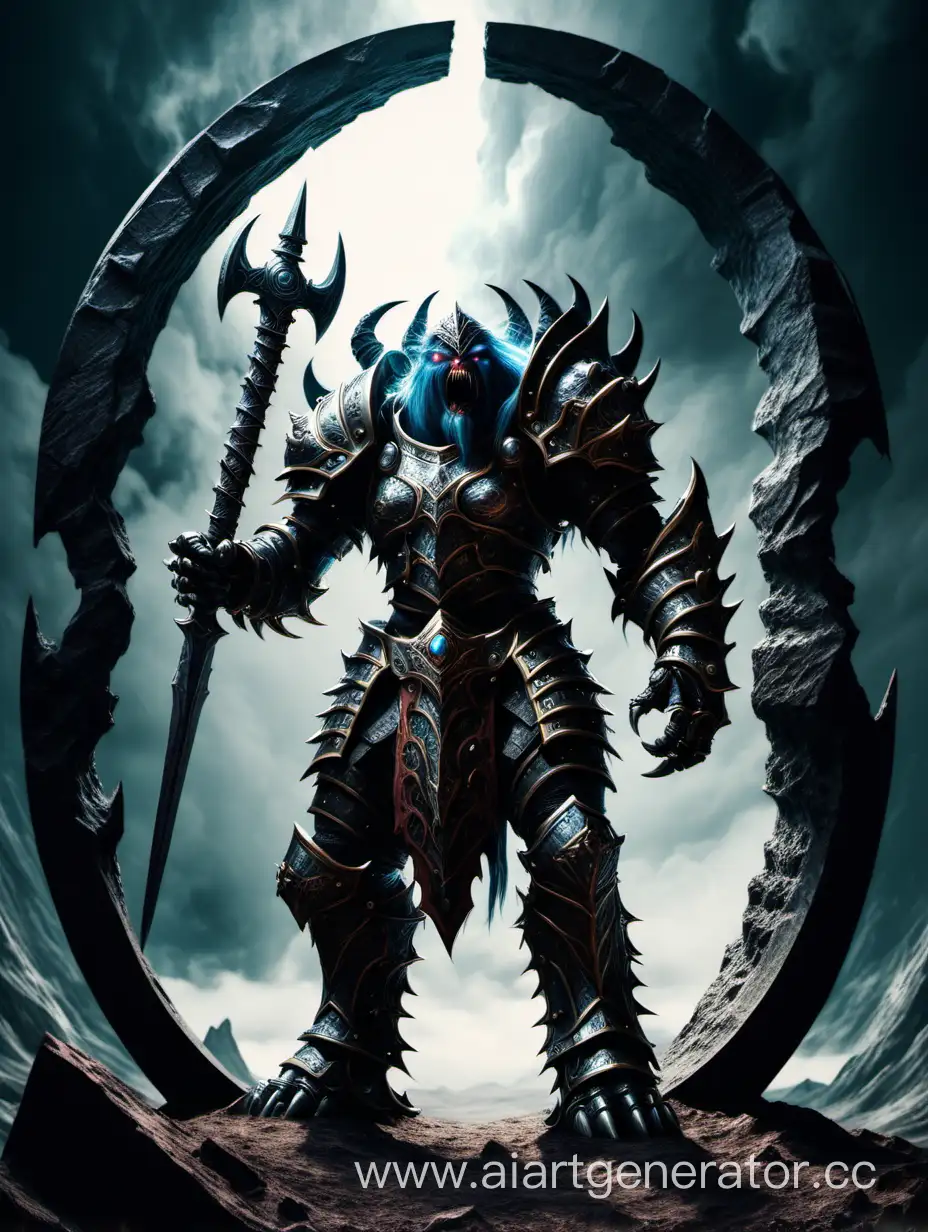 Monster warrior in armor stands near a portal to another world