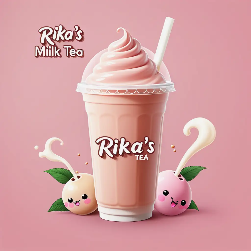 logo the tittle "Rika's milk tea". Pink background 