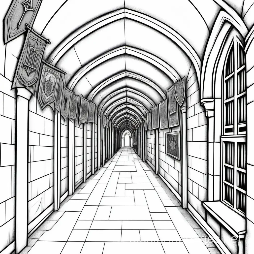 Hogwarts-Corridor-Coloring-Page-for-Kids-Black-and-White-Line-Art-on-White-Background