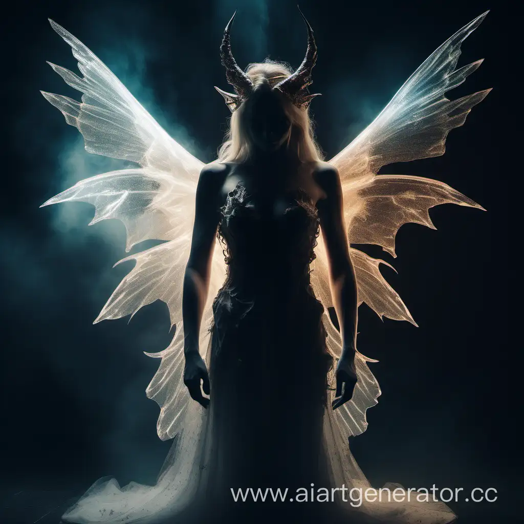 A demon with torn wings and a fairy stand against each other, the fairy lovingly and tenderly puts a glowing halo on the demon's head, dark environment, professional studio portrait photo, , octane render, hyper details, Cinematic, Color Grading, Editorial Photography, Photography, Photoshoot, Shot on 70mm, Ultra-Wide Angle, Depth of Field, DOF, Tilt Blur, Shutter Speed 1/1000, F/22, Gamma, White Balance, Neon, Light, Dark, Light Mode, Dark Mode, High Contrast, Super-Resolution, Megapixel, ProPhoto RGB, VR, Lonely, Good, Massive, Big, Spotlight, Frontlight, Halfrear Lighting, Backlight, Rim Lights, Rim Lighting, Artificial Lighting, Natural Lighting, Incandescent, Optical Fiber, Moody Lighting, Cinematic Lighting, Studio Lighting, Soft Lighting, Hard Lighting, volumetric Light, Volumetric Lighting, Volumetric,, cinematic color grade, chromatic aberrations, artful bokeh depth of field