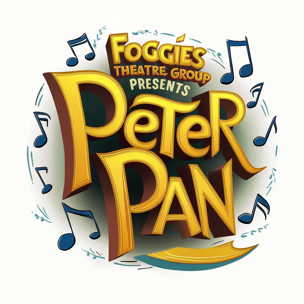 The name in 3d: "Foggies Theatre Group presentd Peter Pan” , whimsical musical notes surrounding the words, cartoon 3d render, cinematic, typography v0.2, illustration, cinematic, typography, 3d render “Foggies theatre Group presents Peter Pan” lots of fresh colours