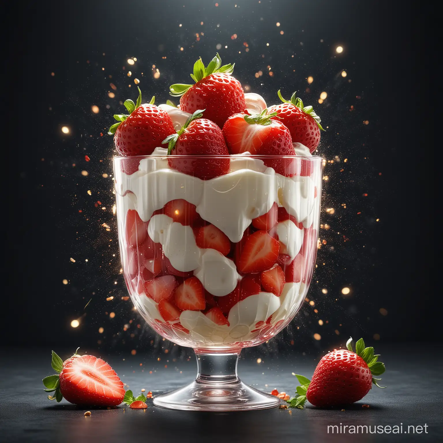 Glowing Strawberry Parfait Delight with Swirling Layers and Delectable Atmosphere