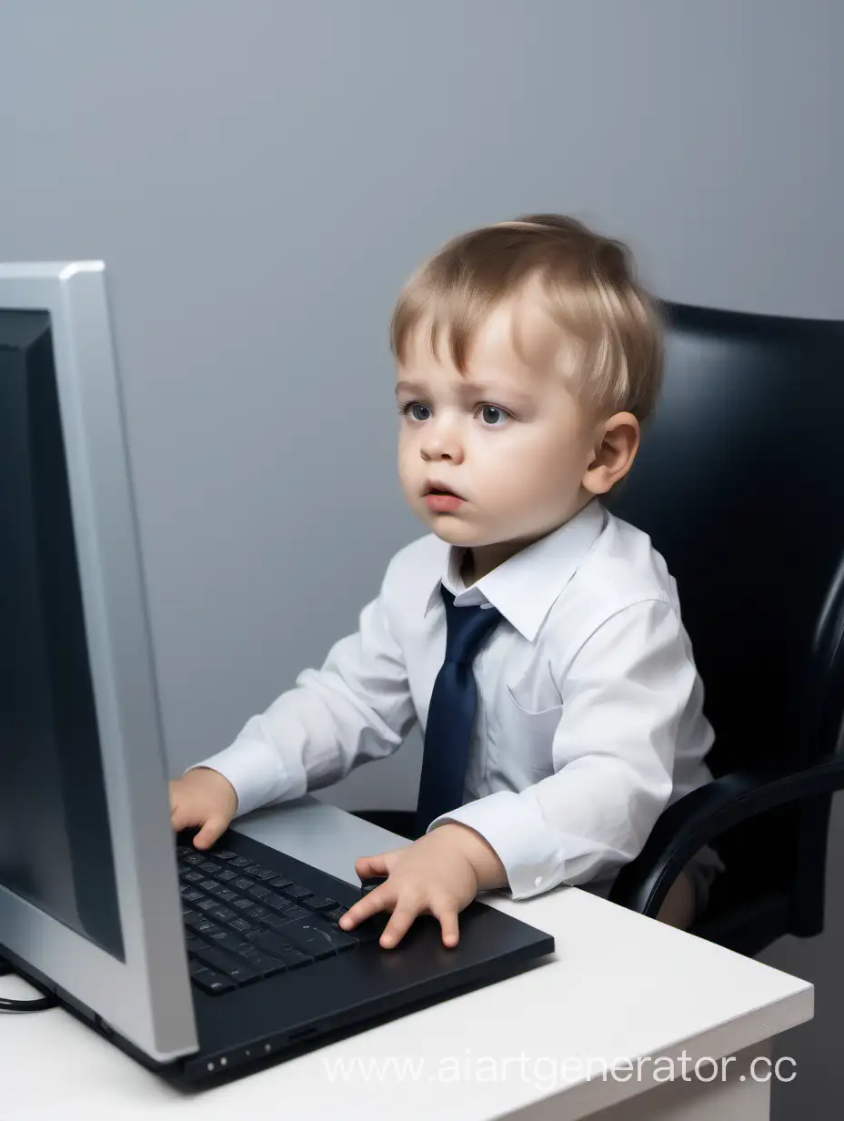 little boy sits behind the computer little boy pees girls message. telegram 2 years 1 years white
