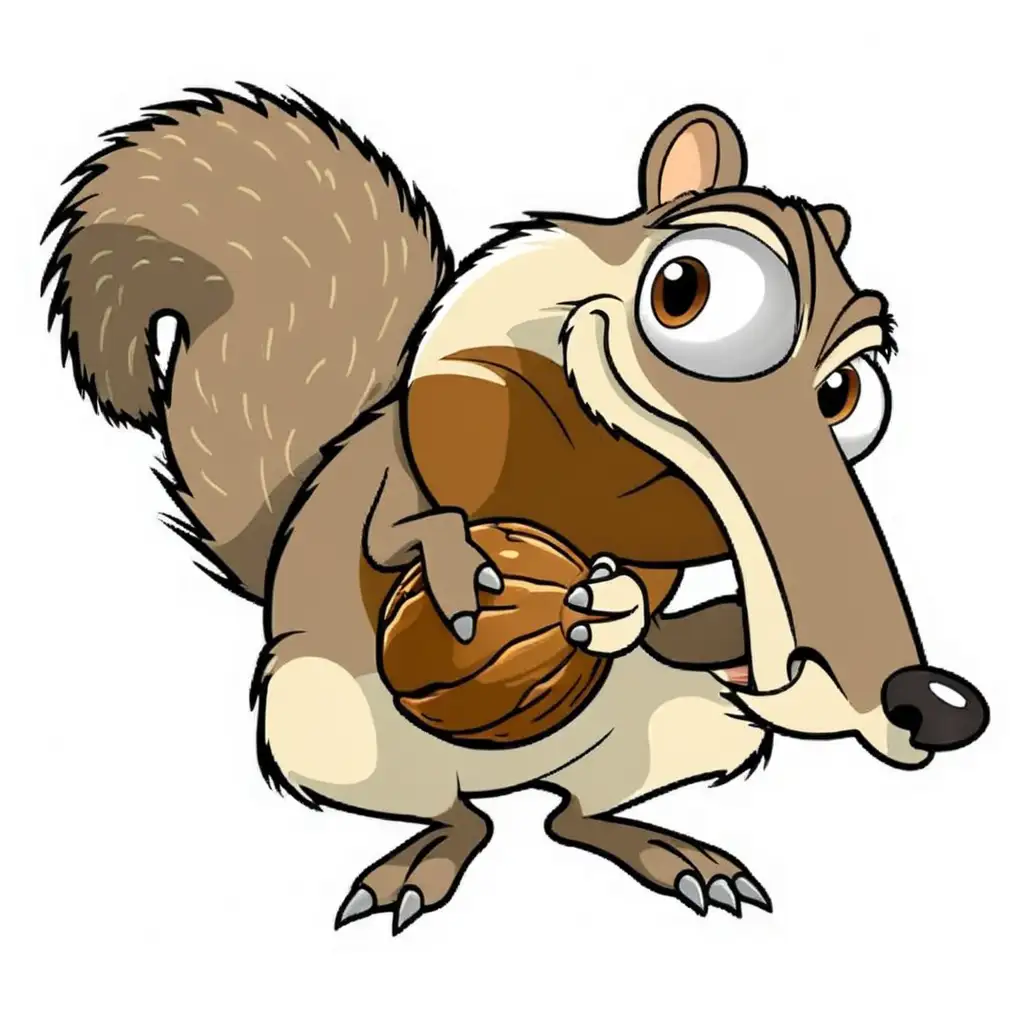 Scrat from ice age with acorn, full body, minimalist, vector art, colored illustration with a black outline.