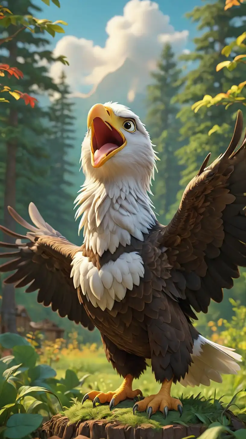Create a 3D illustrator of an animated scene where an baby eagle standing in the farm with dense trees and looking at other eagles flying high in the sky. Beautiful colourful and spirited background illustrations.