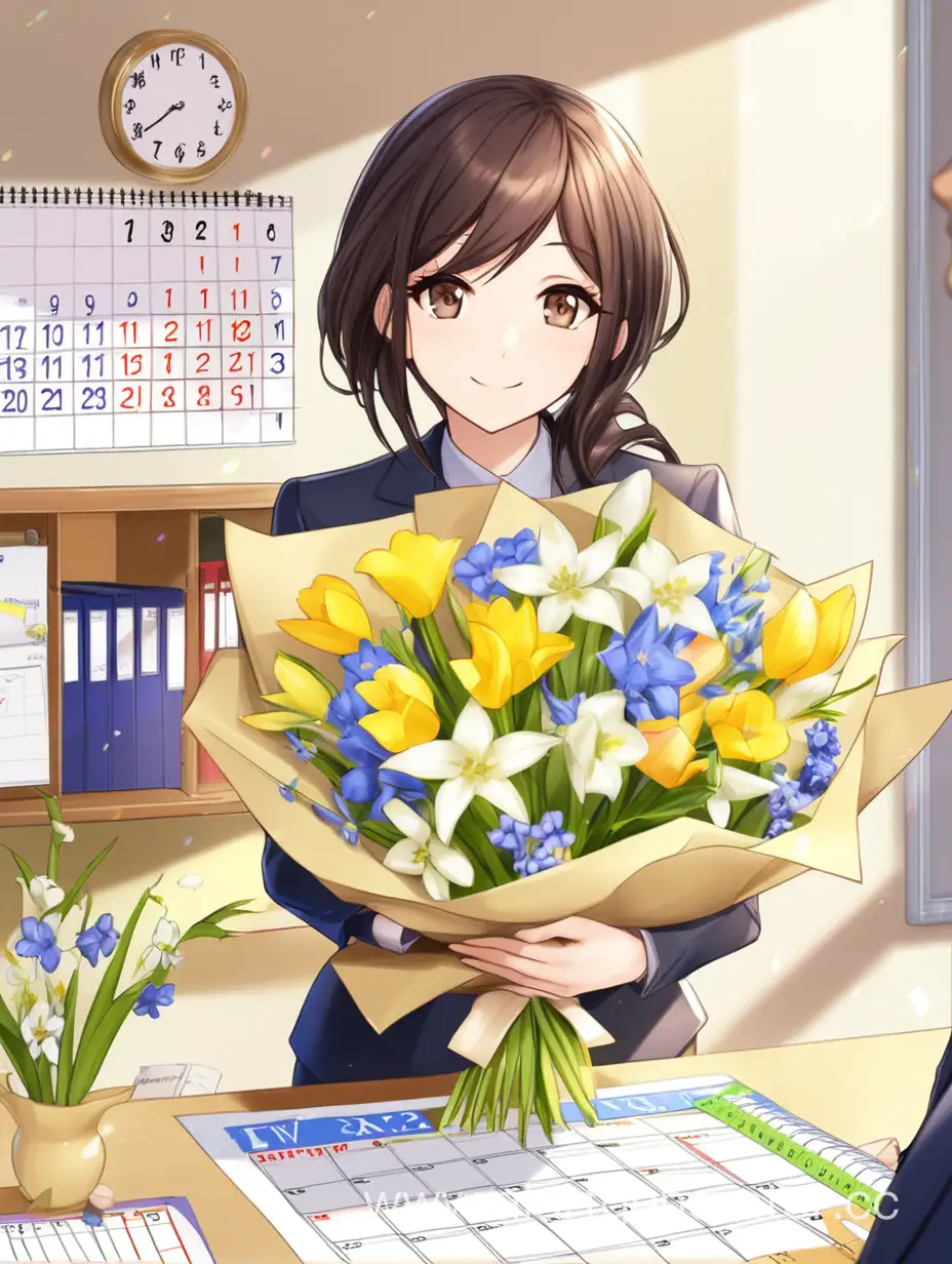 Smiling-Administrator-Girl-Holding-Spring-Flowers-Bouquet