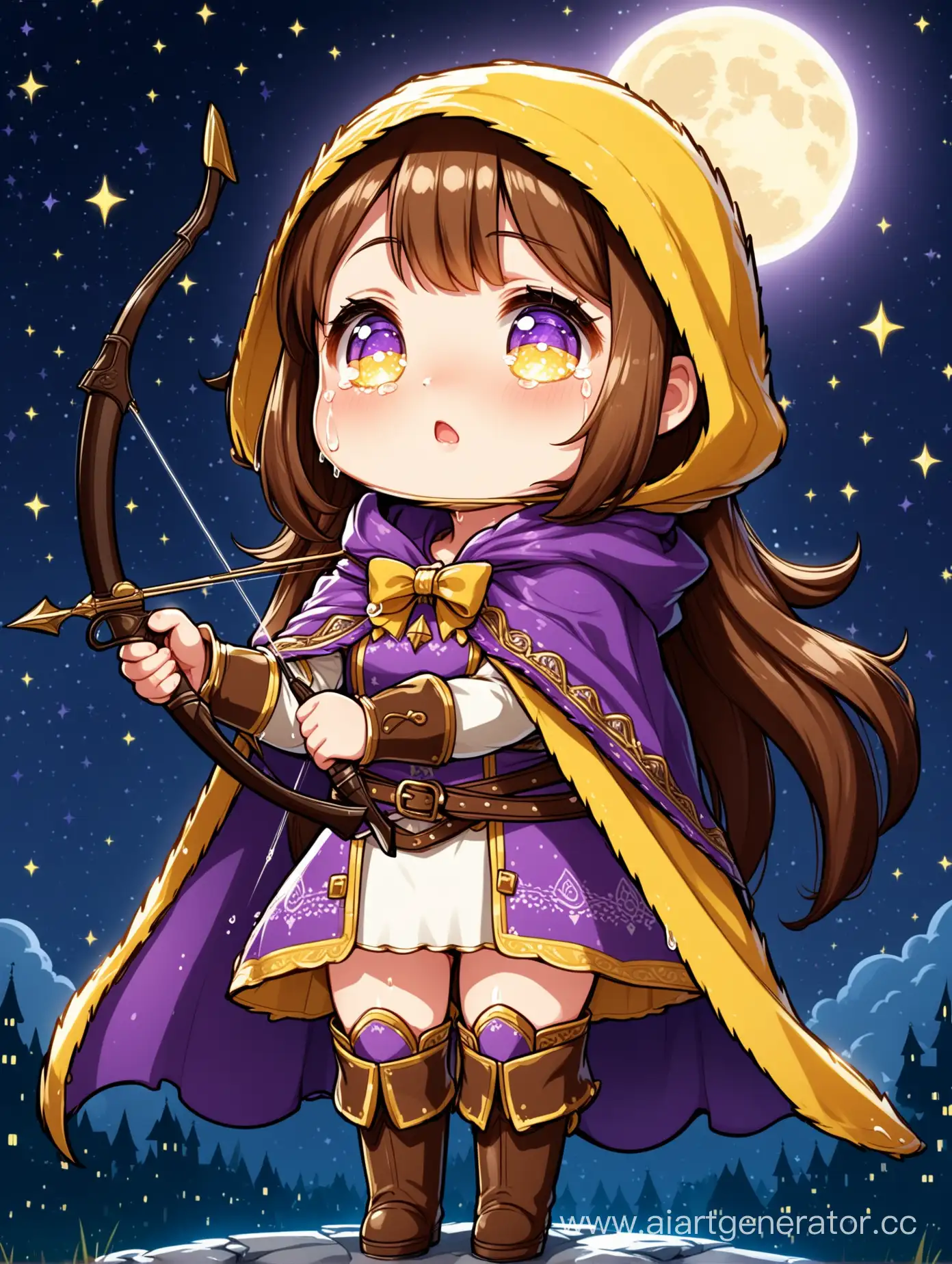 crying with tears funny female adventurer with long brown hair and with the bangs, she is wearing a long yellow and purple cloak and high boots, her figure is curve, she armed with a bow for shooting against a night moon), close-up,  high detail, great attention to detail, chibi style.