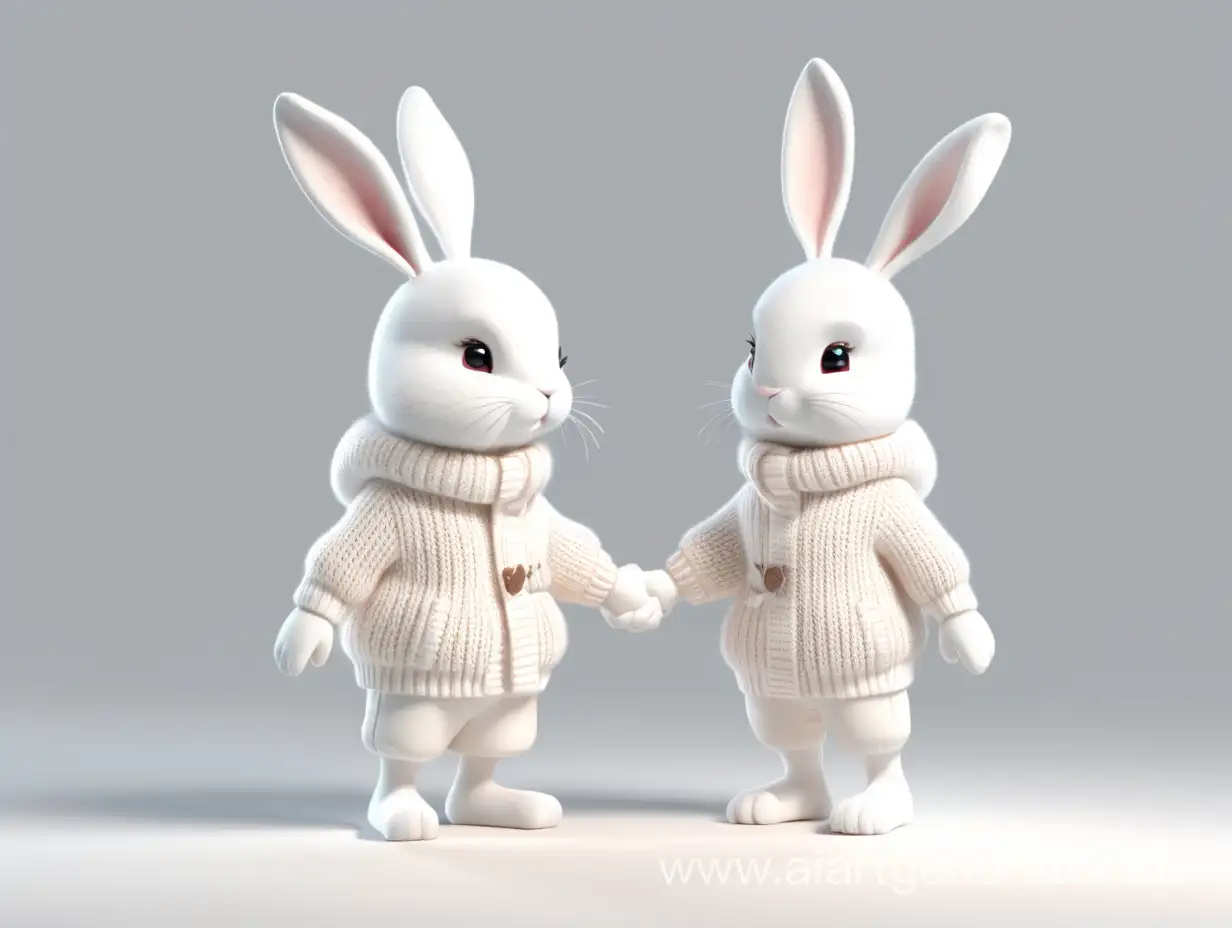 two white rabbits boy and girl in winter knitted clothes holding hands, standing full-length on white background, 3d rendering, cartoon, raw style, 32k