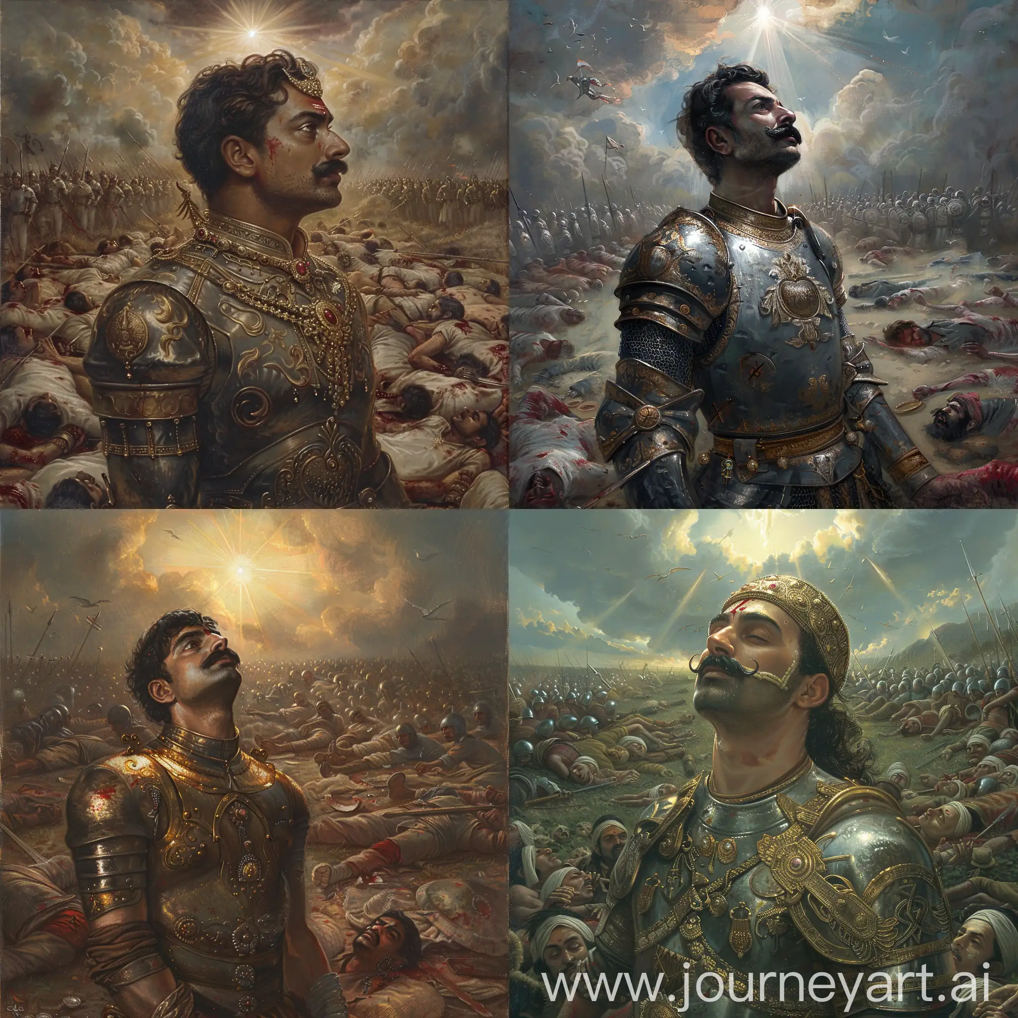 Year is 1600 CE. Imagine a rajput warrior wearing armor, moustache and clean shaved who is standing in a battlefield which is full of corpses of rajput and mughal soldiers. The warrior is  calmly looking at the heavens above from which a light is shining upon him.