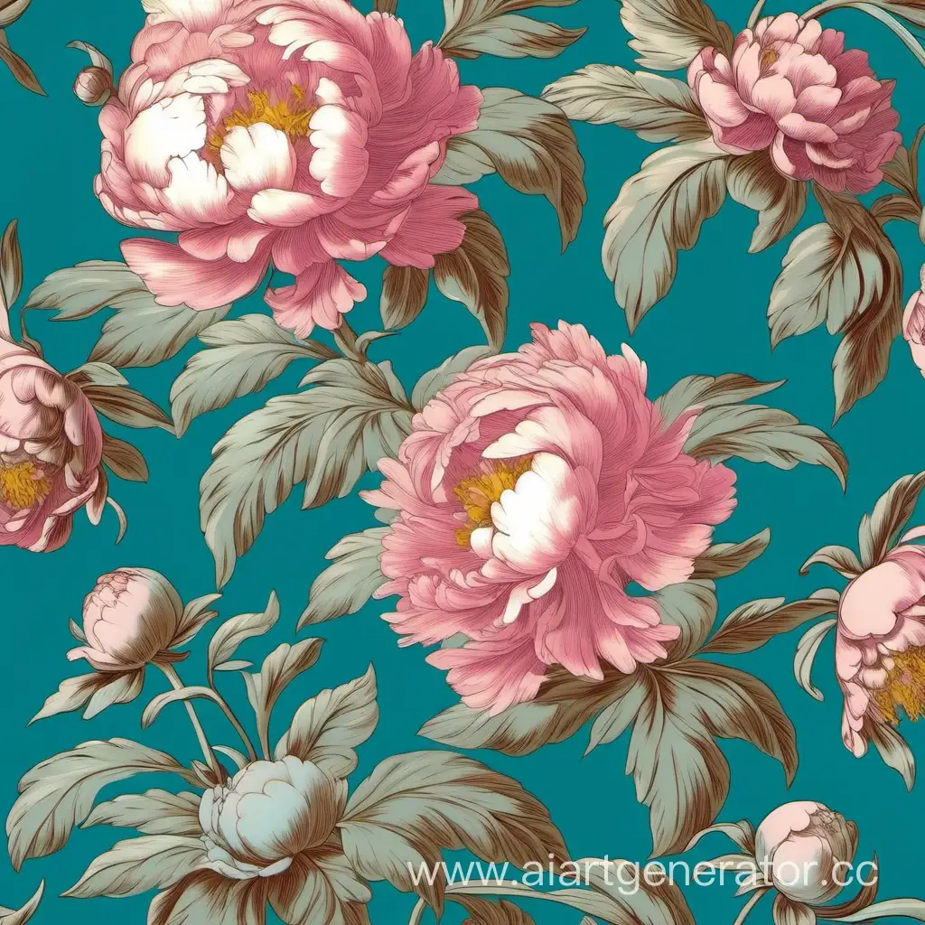 peonies and buds, Baroque Jean-Honoré Fragonard style, seamless wallpaper, pastel colors on a teal blue background, large repeat --tile