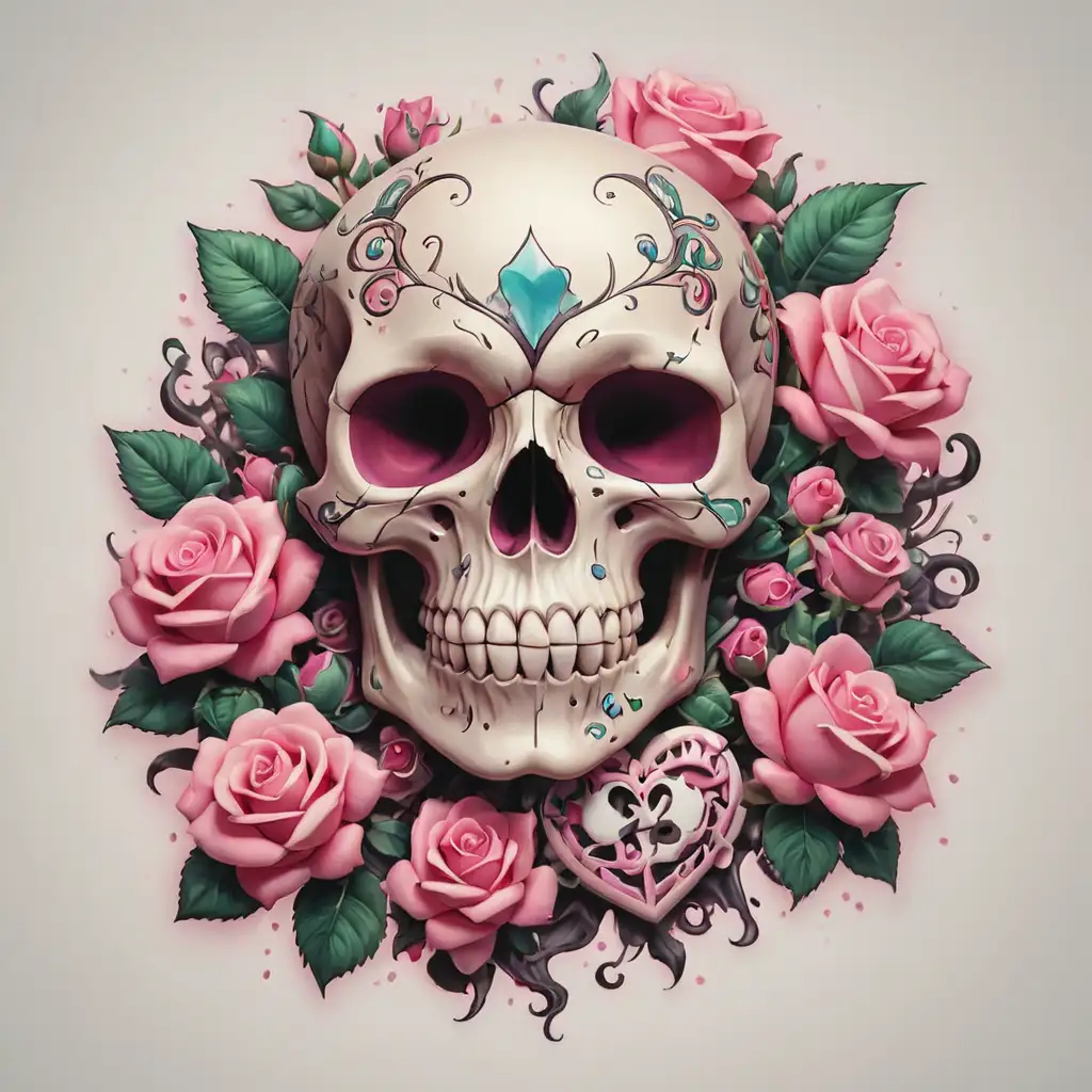 Colorful 3D Oldschool Tattoo Design with Skull Roses and Hearts on Pink and White Background
