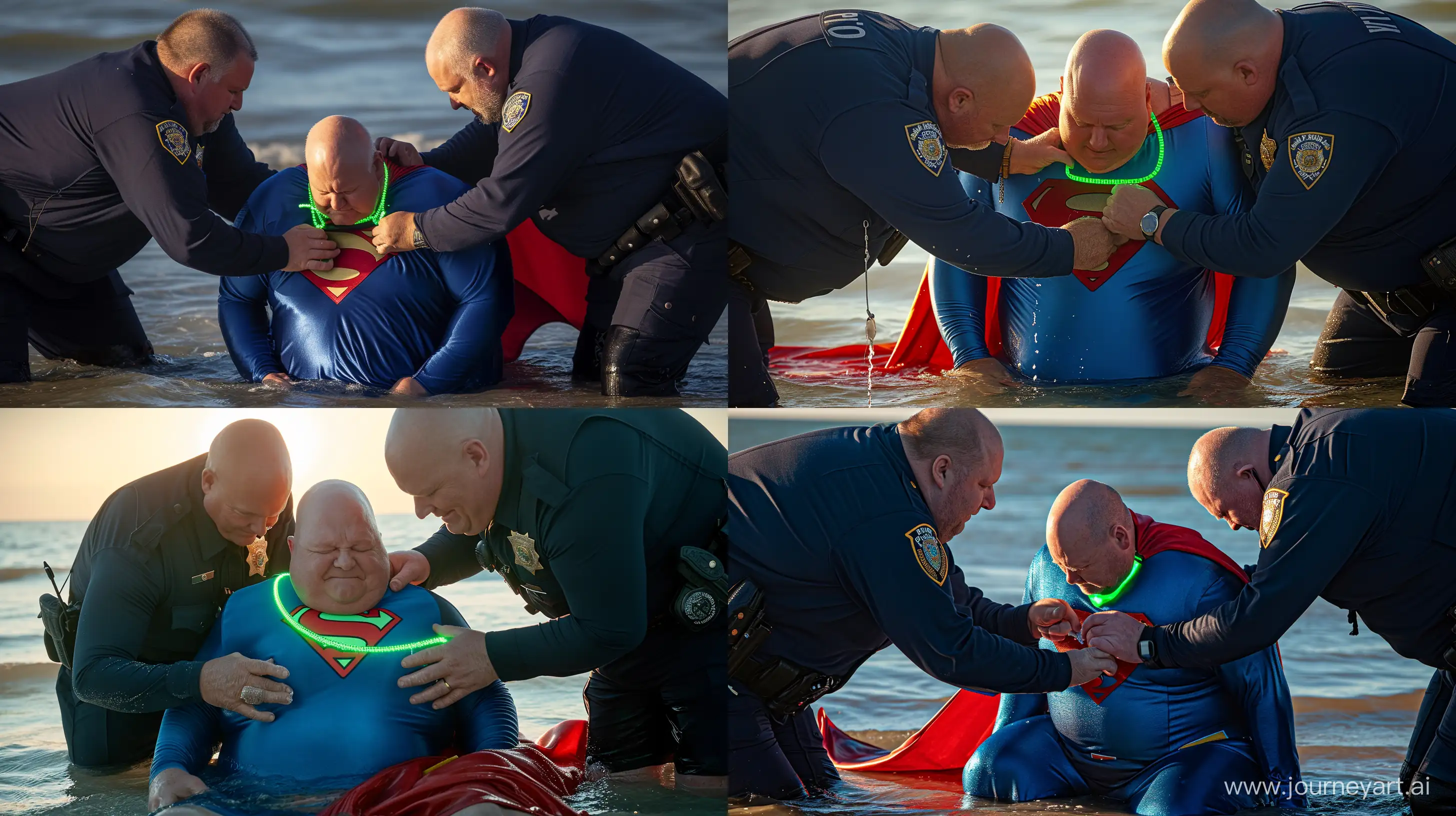 A closeup photo of two chubby man aged 60 wearing a long-sleeved navy police uniform, bending over and tightening a green glowing small short dog collar on the neck of another chubby man aged 60 sitting in the water and wearing a blue silky superman costume with a large red cape. Beach. Natural Light. Bald. Clean Shaven. --style raw --ar 16:9 --v 6