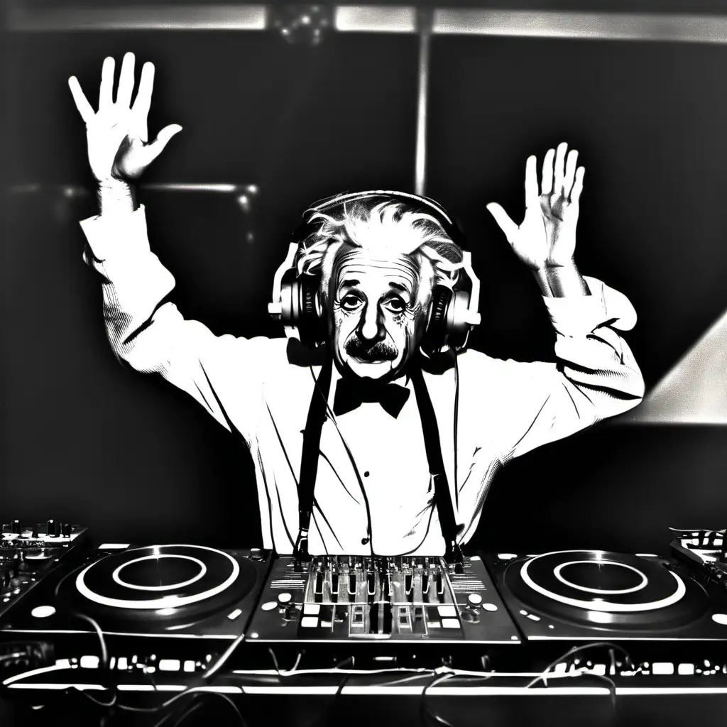 Albert Einstein as a DJ, with headphones on, With one hand in the air, Behind a DJ booth