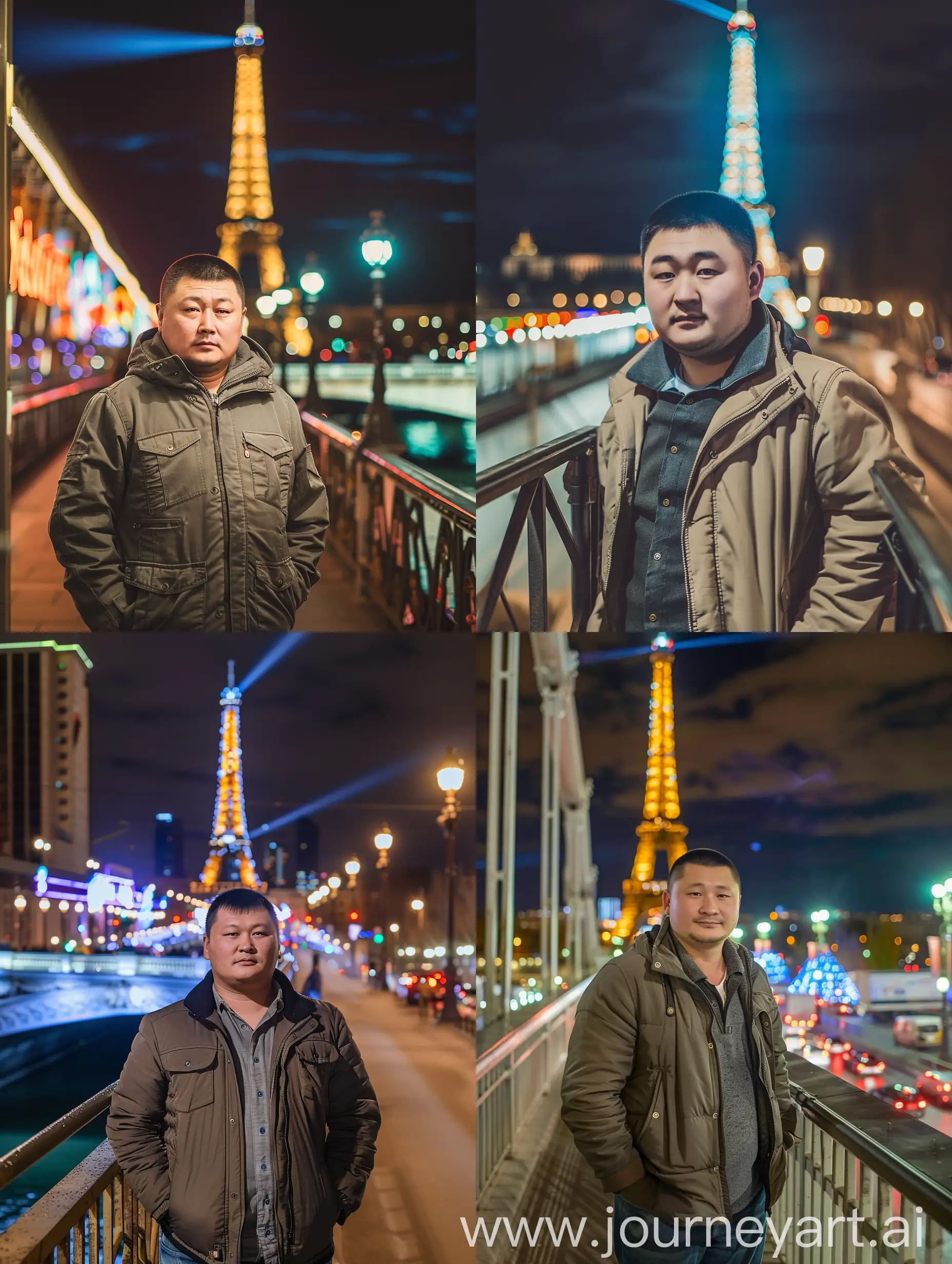 Russian-Man-in-Trucker-Jacket-on-Bridge-with-Eiffel-Tower-Lights