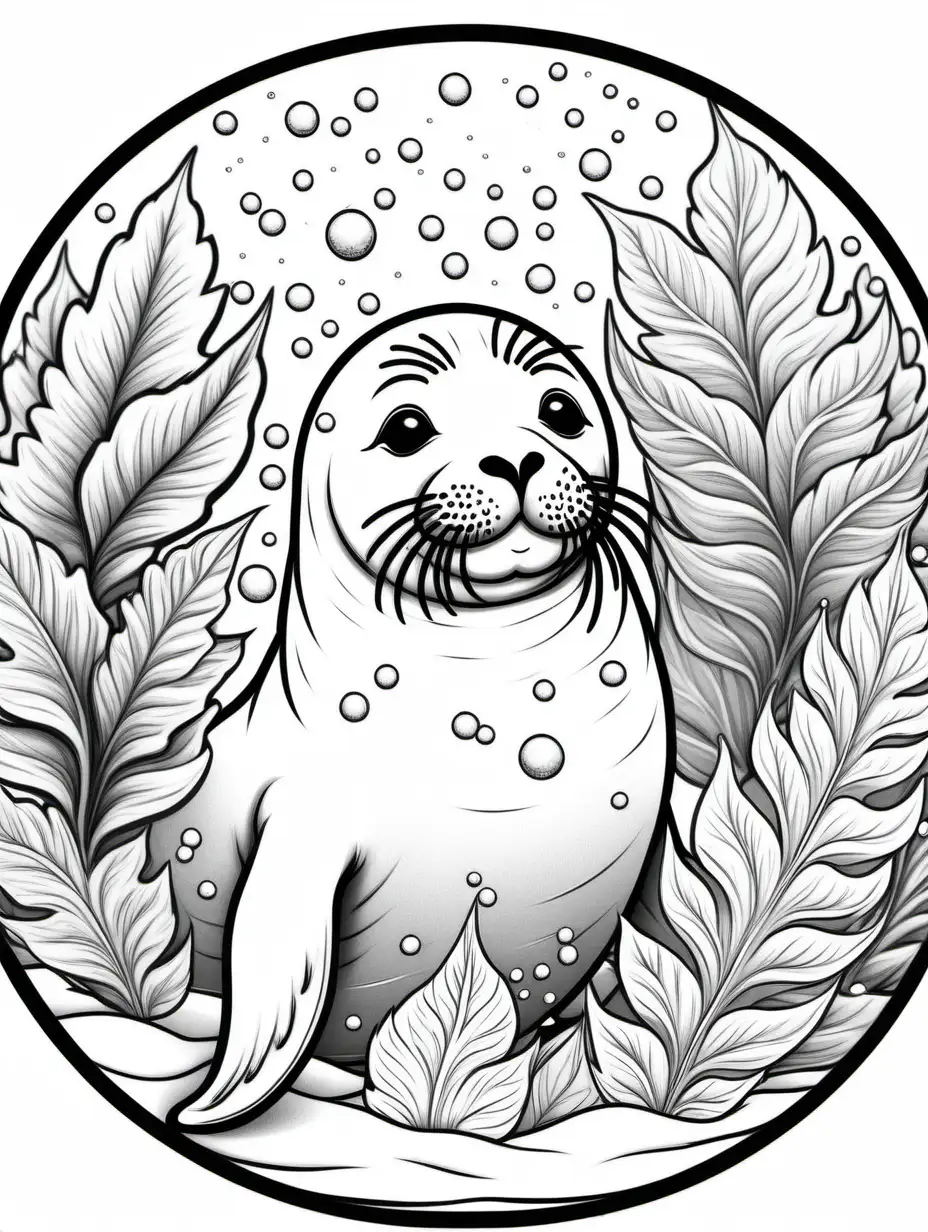 seal coloring book, snow globe framed, detailed individual leaves, black and white, no shading, no background, thick black outline