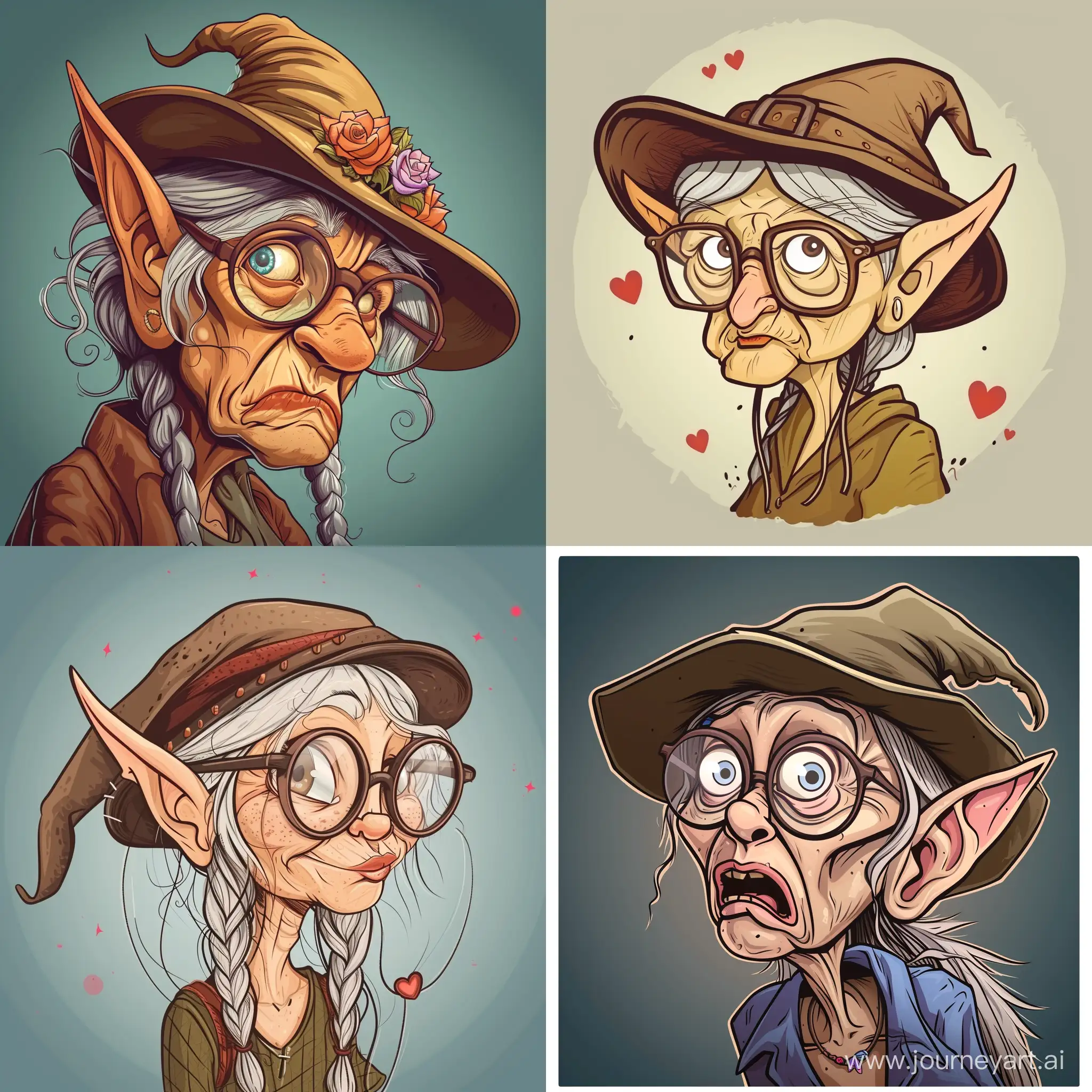 an old elf woman with a hat and glasses, looking very in love, in cartoon style