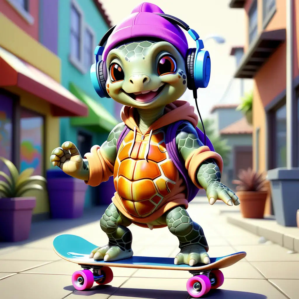Smiling Sea Turtle in Colorful Hoodie with Skateboard